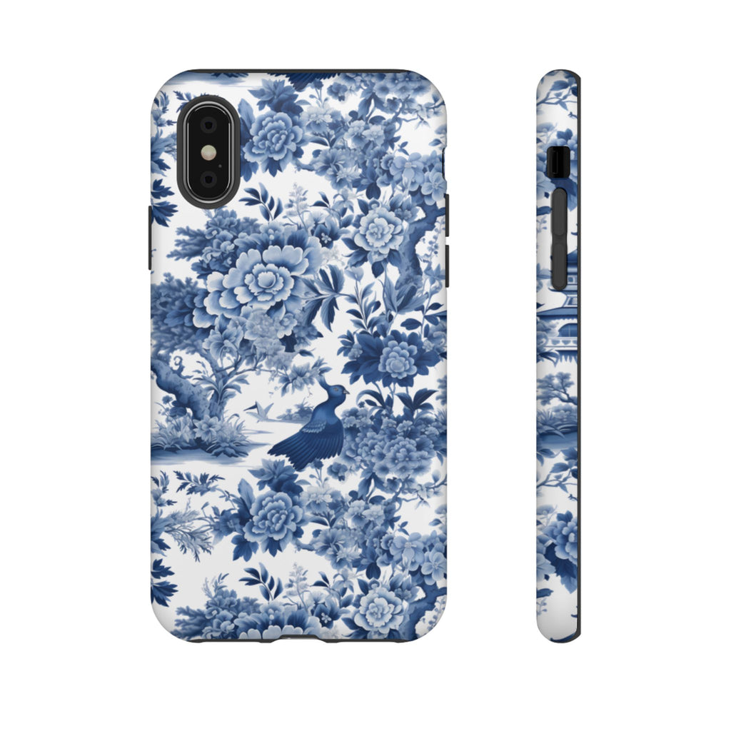 Blue Toile Floral Phone Case, Chinoiserie Style, Tough Case