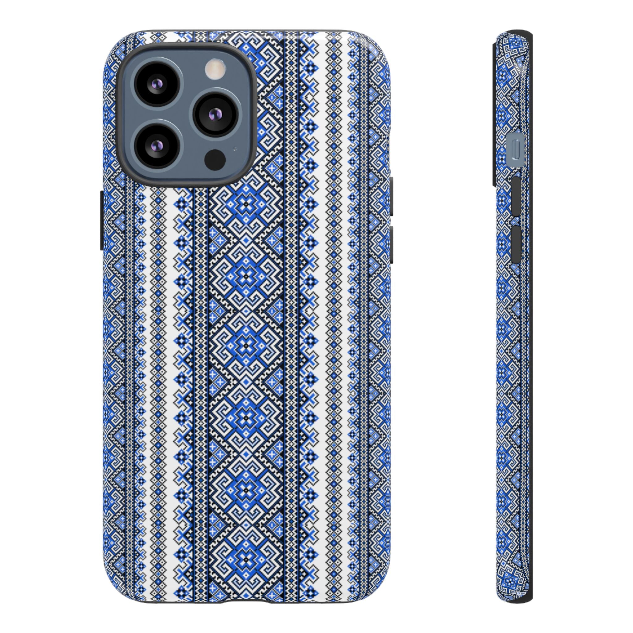 Ukrainian Pattern iPhone Case, Blue Black Geometric Folk Design, Protective Phone Cover, Traditional Ethnic Print