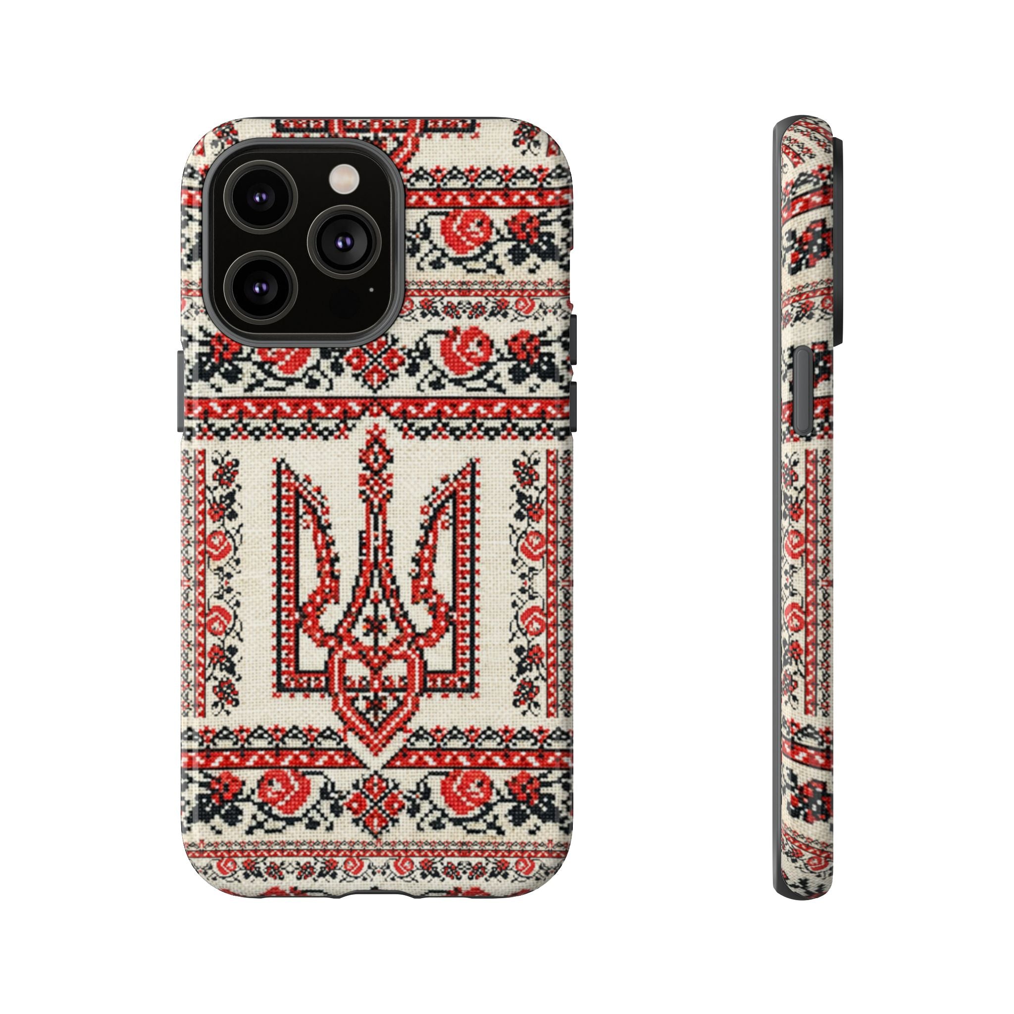 Ukrainian Trident Embroidery Phone Case • Red Black Trident Pattern • Protective Folk Art Cover for iPhone & Samsung