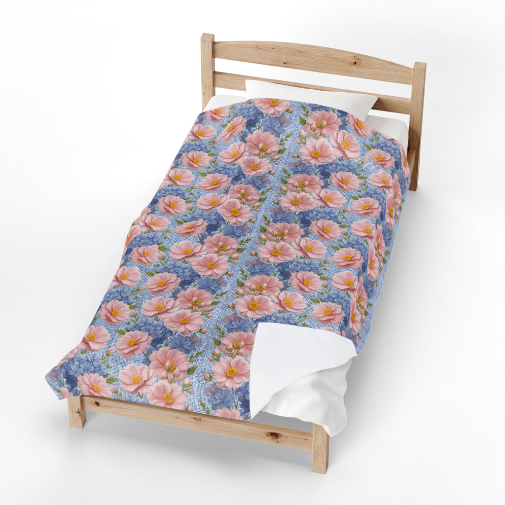 Pink Peony & Blue Hydrangea Plush Blanket | Soft Provence Velveteen Throw