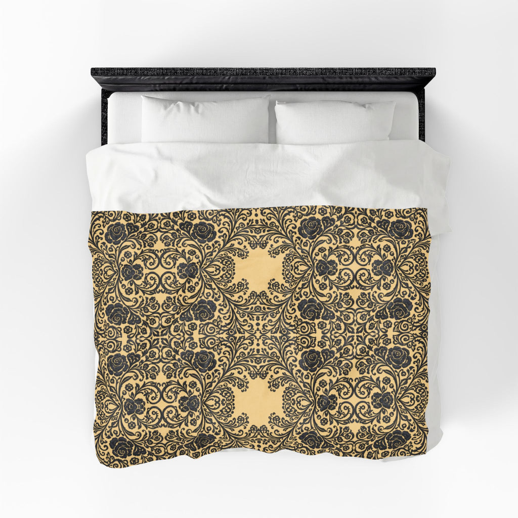 Velveteen Plush Blanket | Vintage Baroque Damask Gold Throw | BLUESKYDEZIGN