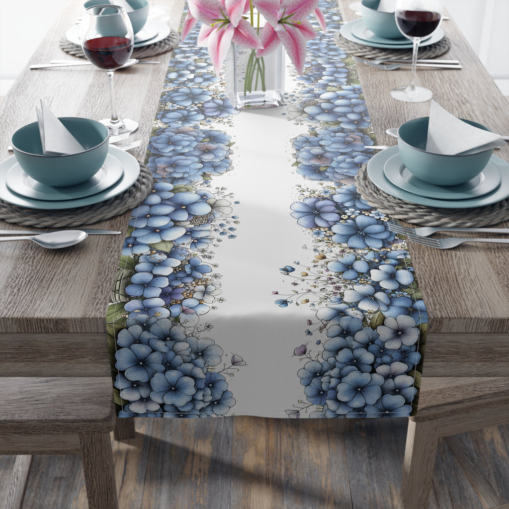 Blue Floral Table Runner, Cotton & Polyester, Spring Dining Table Decor, Elegant Blue and White Flower Runner, 2 Sizes
