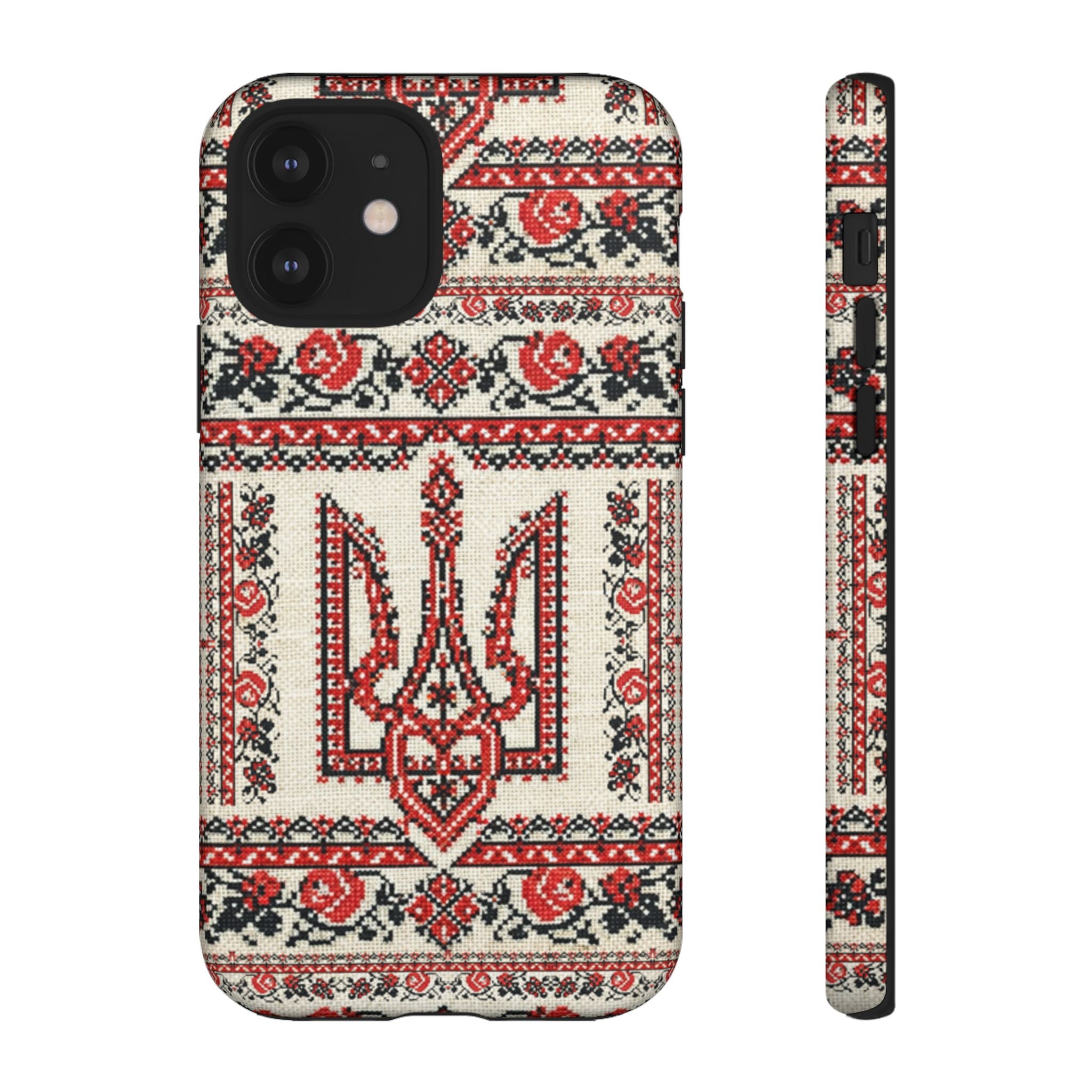 Ukrainian Trident Embroidery Phone Case • Red Black Trident Pattern • Protective Folk Art Cover for iPhone & Samsung