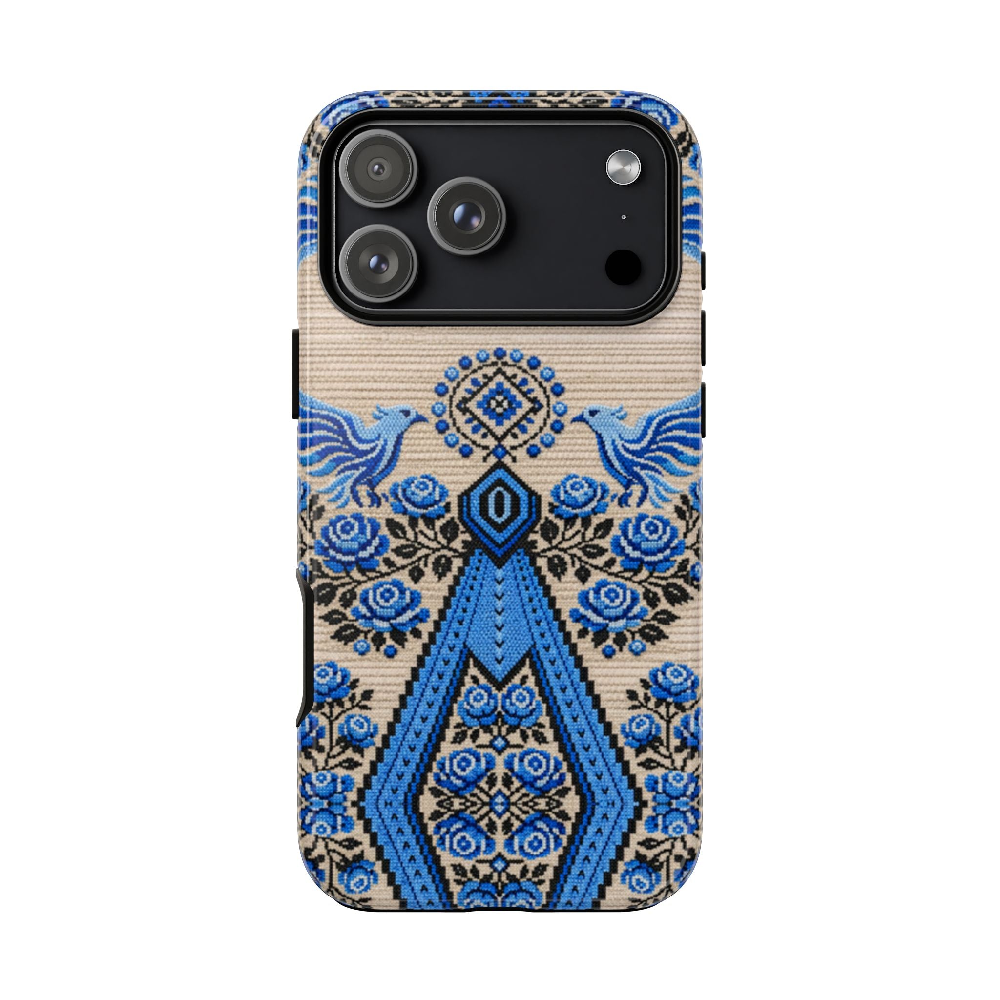 Ukrainian Phone Case  Blue Black Berehynia Design, Falcons & Roses Folk Art, Slavic Embroidery Style Protective Cover