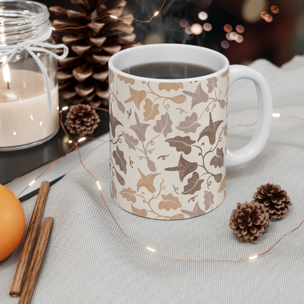 Beige Botanical Leaf Ceramic Mug 11oz - Cottagecore Coffee Cup, Neutral Kitchen Decor, Gift for Her