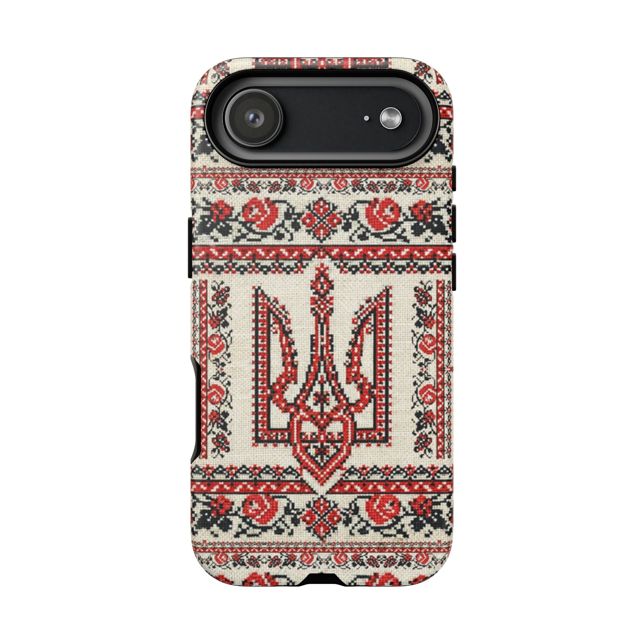 Ukrainian Trident Embroidery Phone Case • Red Black Trident Pattern • Protective Folk Art Cover for iPhone & Samsung