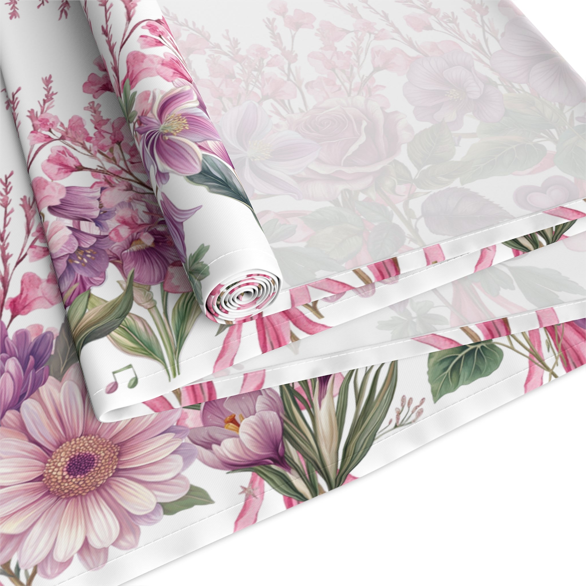 Spring Floral Table Runner, Cotton  Polyester, Pink  Purple Flower Design, Elegant Dining Table Decor, 16×72, 16×90