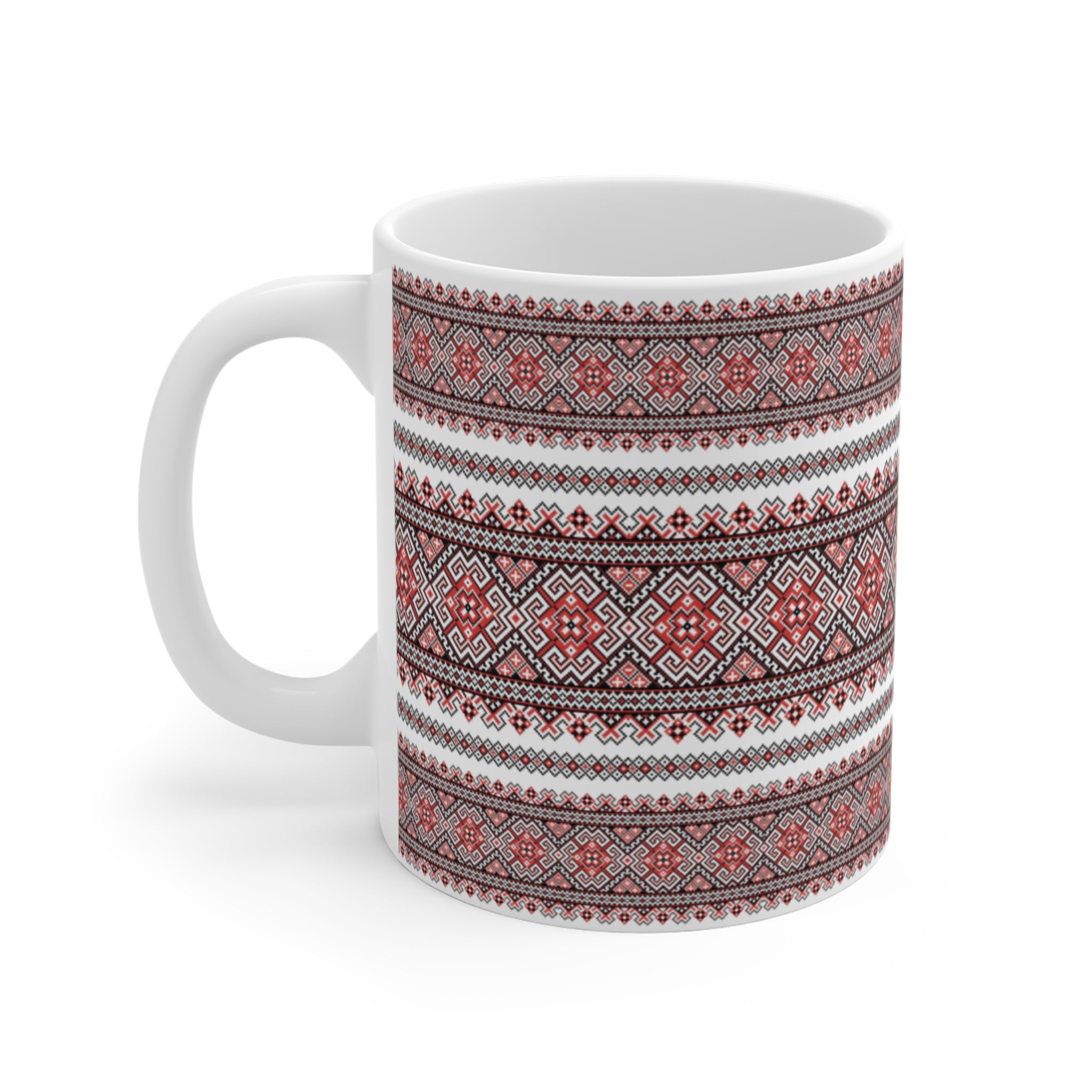 Pattern Red Ukrainian Pattern Mug 11 oz,  Folk Design Coffee Cup, Slavic Geometric Print Ceramic Mug