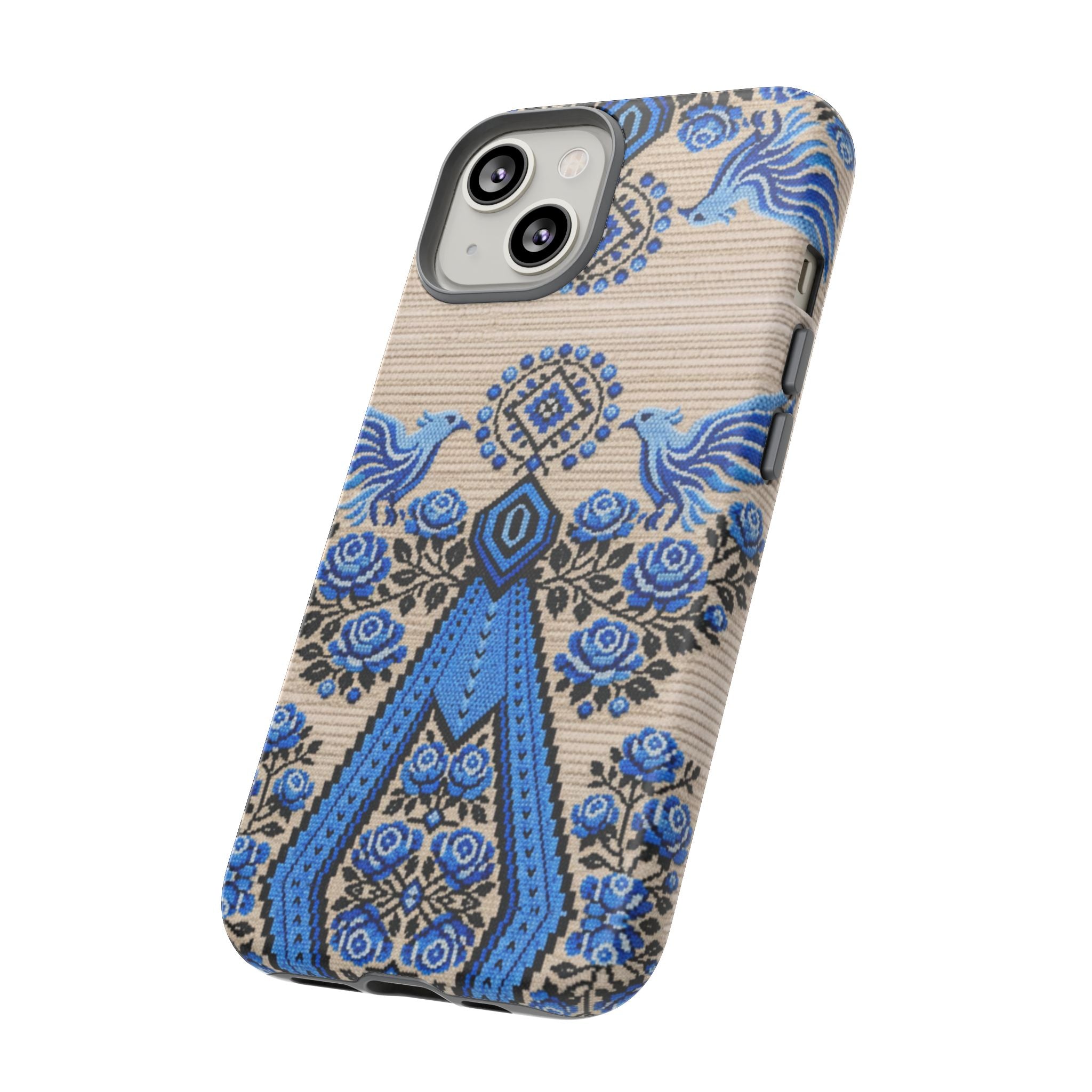 Ukrainian Phone Case  Blue Black Berehynia Design, Falcons & Roses Folk Art, Slavic Embroidery Style Protective Cover