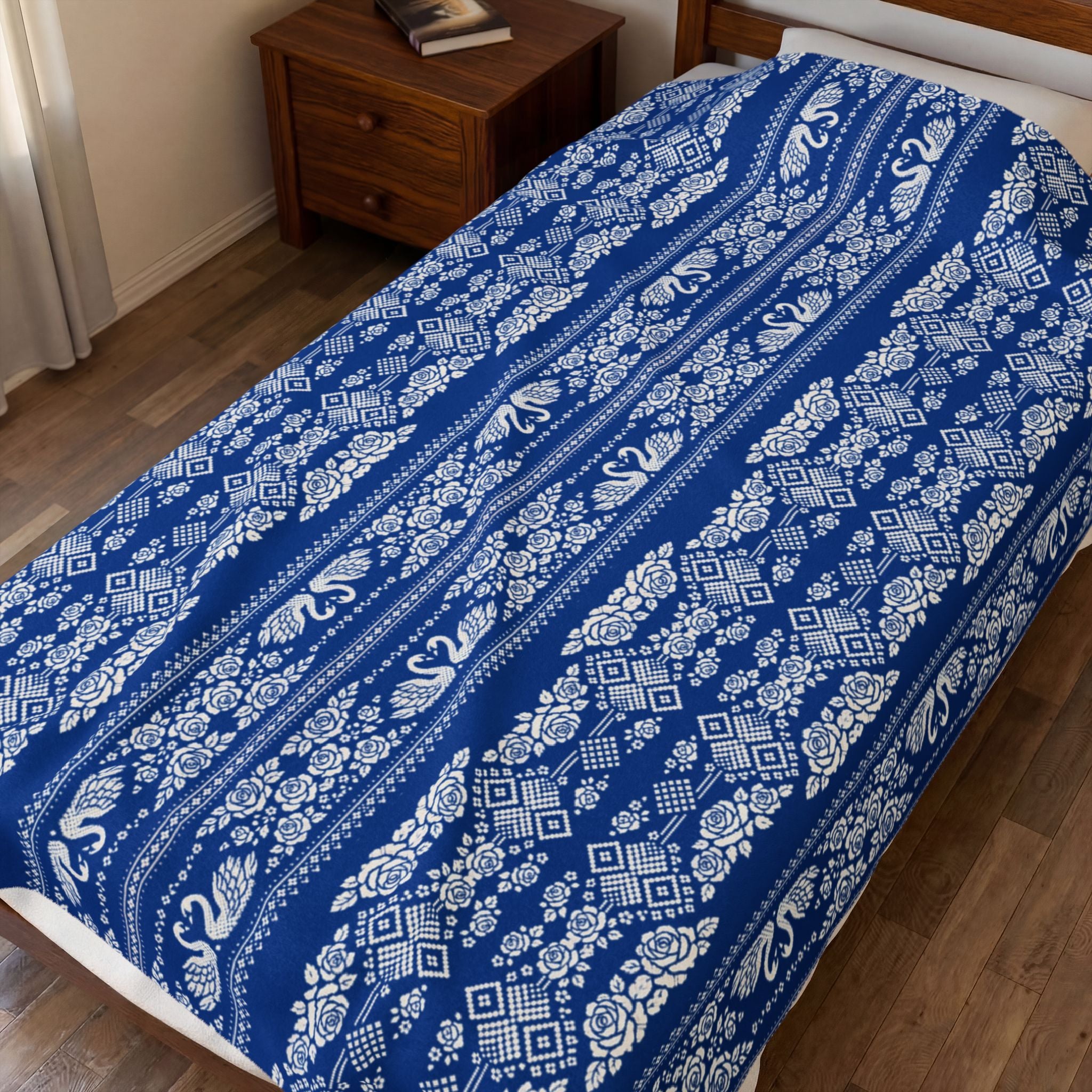 Wedding Swans Plush Blanket  Soft Velveteen Throw, Blue  White, Home Decor, Bedroom, Living room, Housewarming