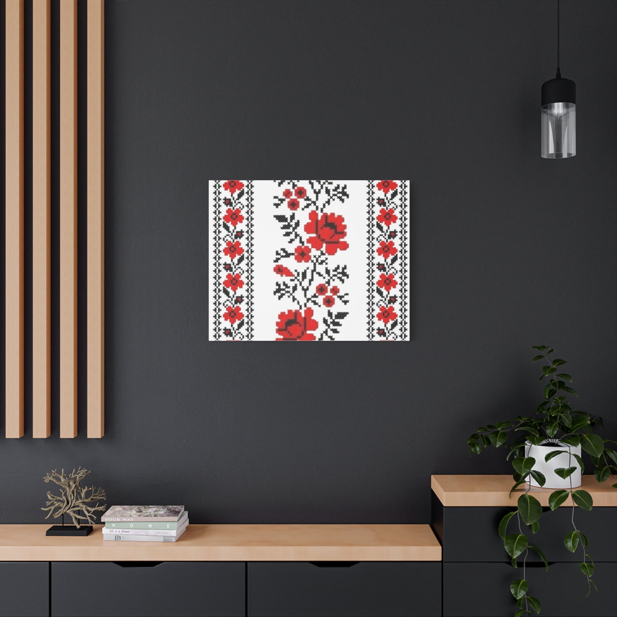 Ukrainian Embroidery Wall Art, Red Black Folk Floral Pattern, Traditional Slavic Home Decor Canvas for Living Room or Entryway, Matte Print, Stretched 1.25" Ready to Hang