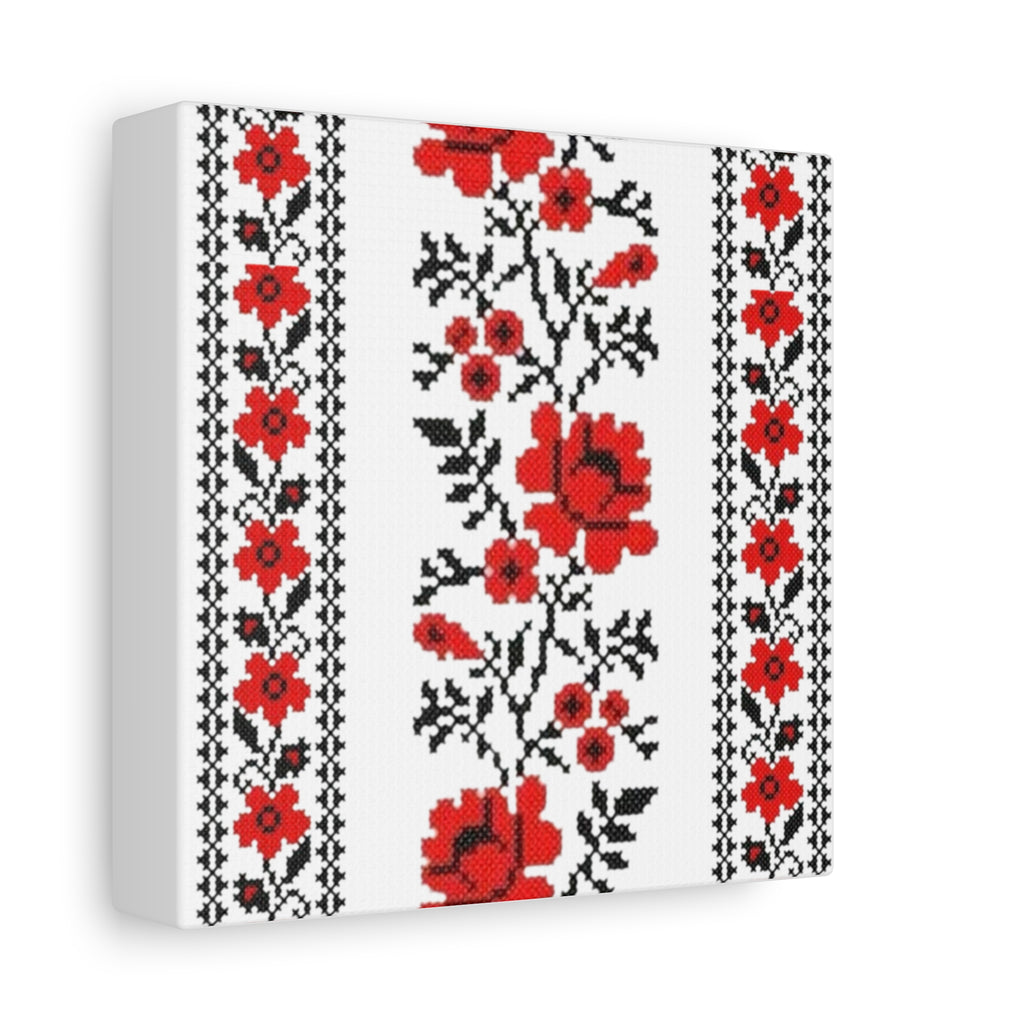 Ukrainian Embroidery Wall Art, Red Black Folk Floral Pattern, Traditional Slavic Home Decor Canvas for Living Room or Entryway, Matte Print, Stretched 1.25" Ready to Hang