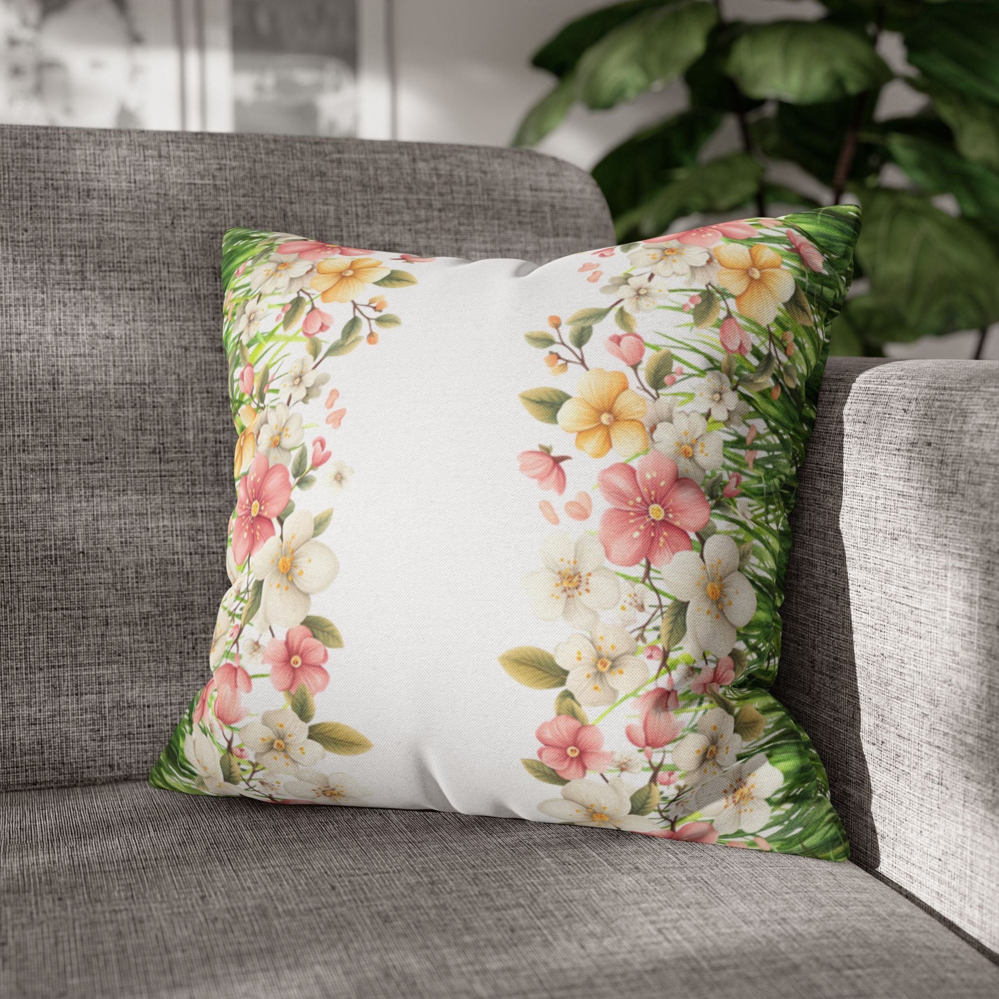 Spring Floral Pillowcase 1piece, Polyester Cushion Cover, Green Grass Border with Pink  White Flowers, Spring Home Decor