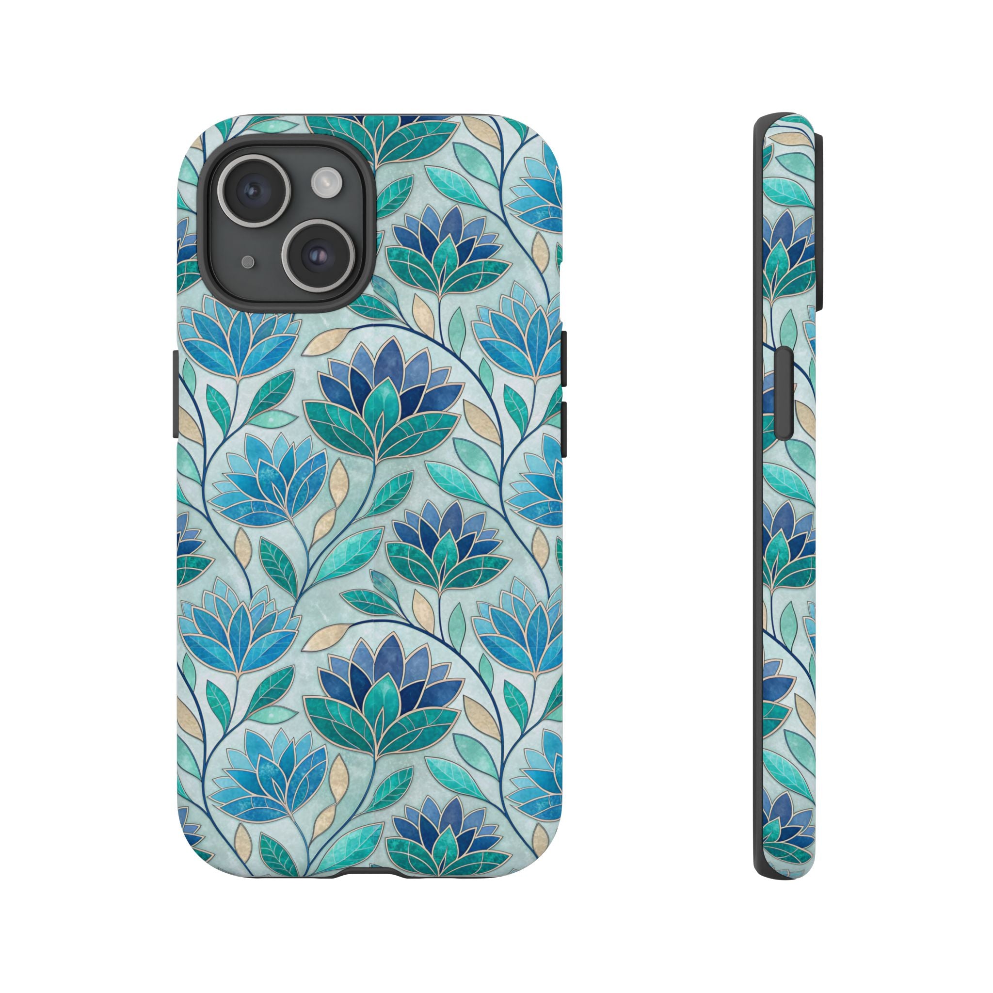 Mosaic iPhone Case, Stained Glass Floral Phone Cover, Teal Blue Protective Case, Matte Glossy Options, Artistic Mosaic Pattern