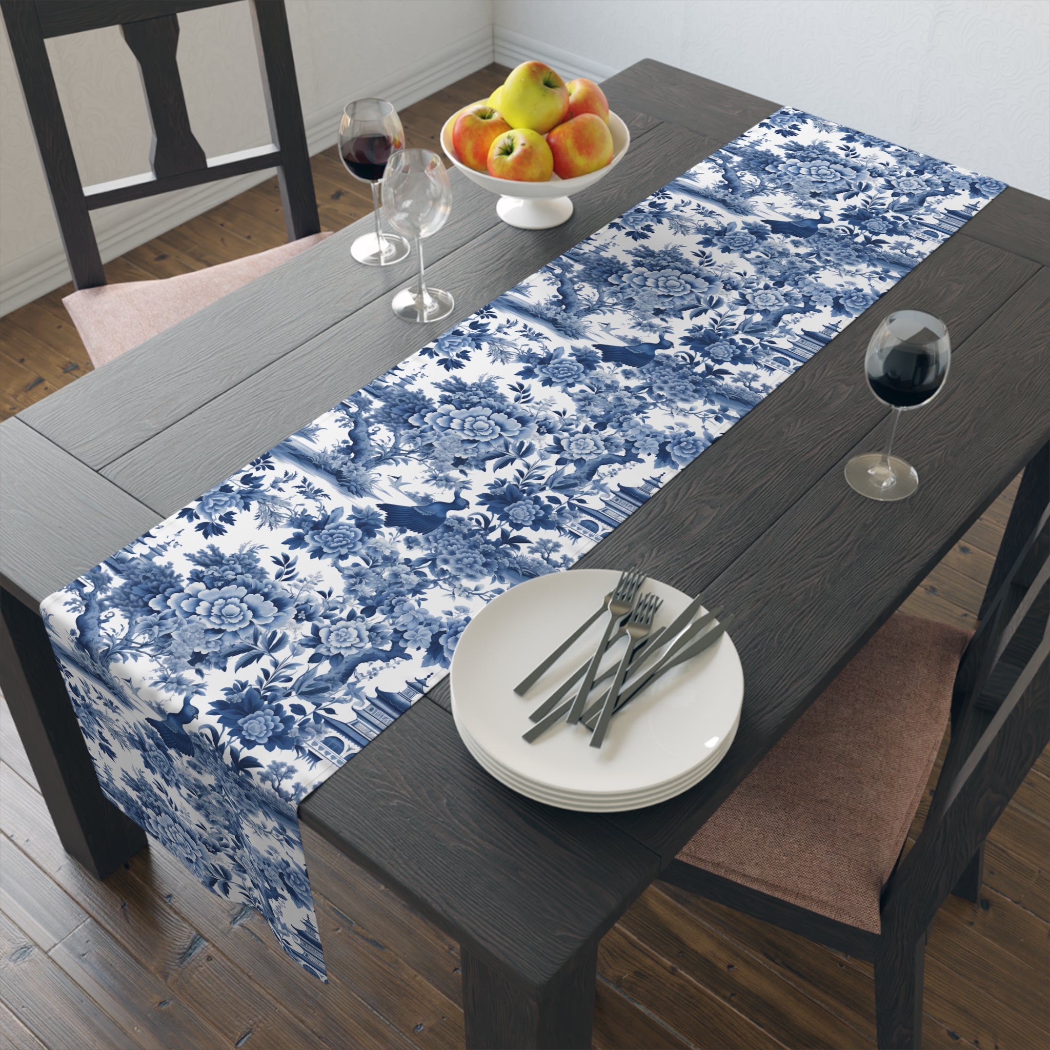 Blue Chinoiserie Toile Table Runner | Vintage Floral Dining Decor | Cotton Twill & Polyester