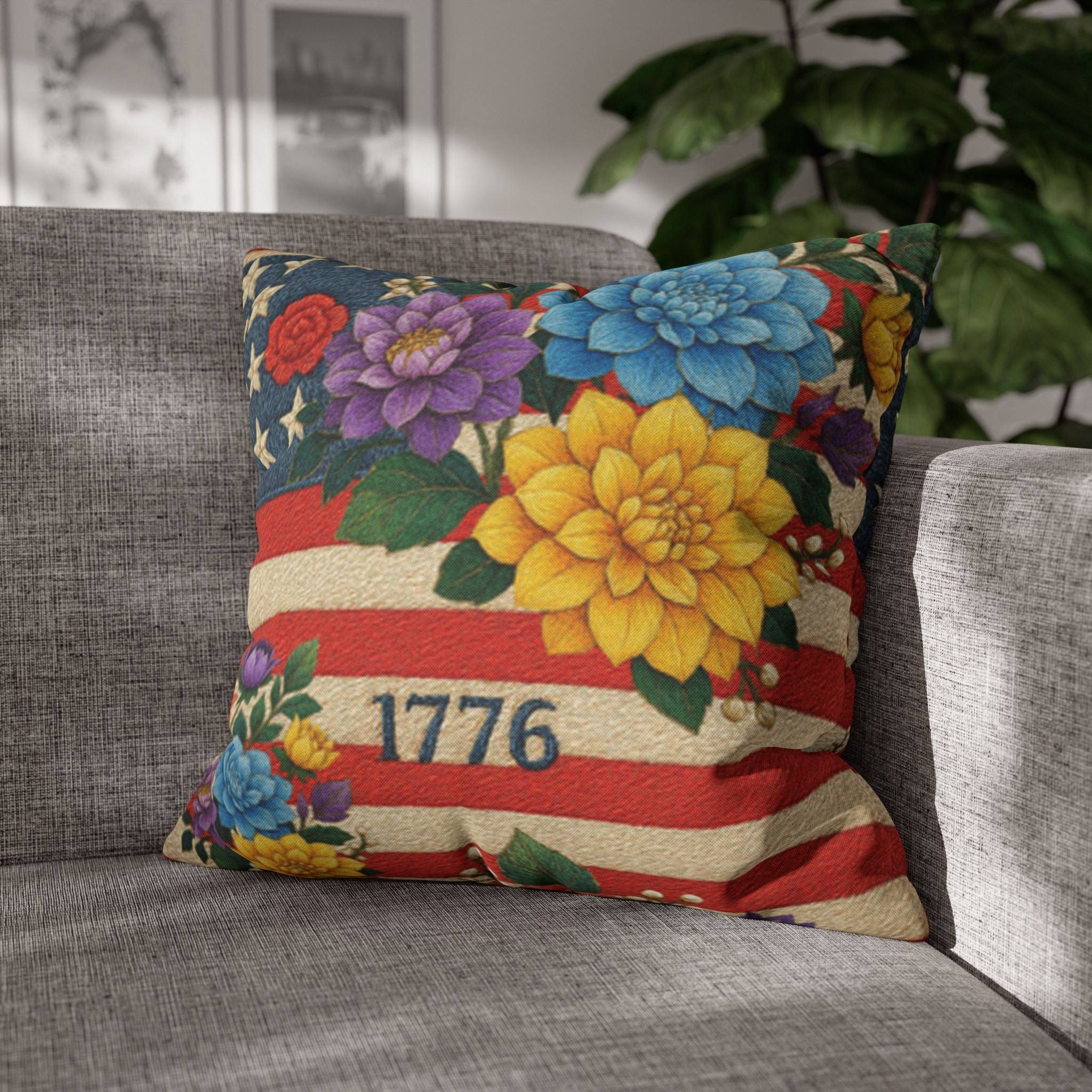 1776 American Flag Floral Pillowcase | Patriotic 4th of July Cushion Cover | Americana Decor