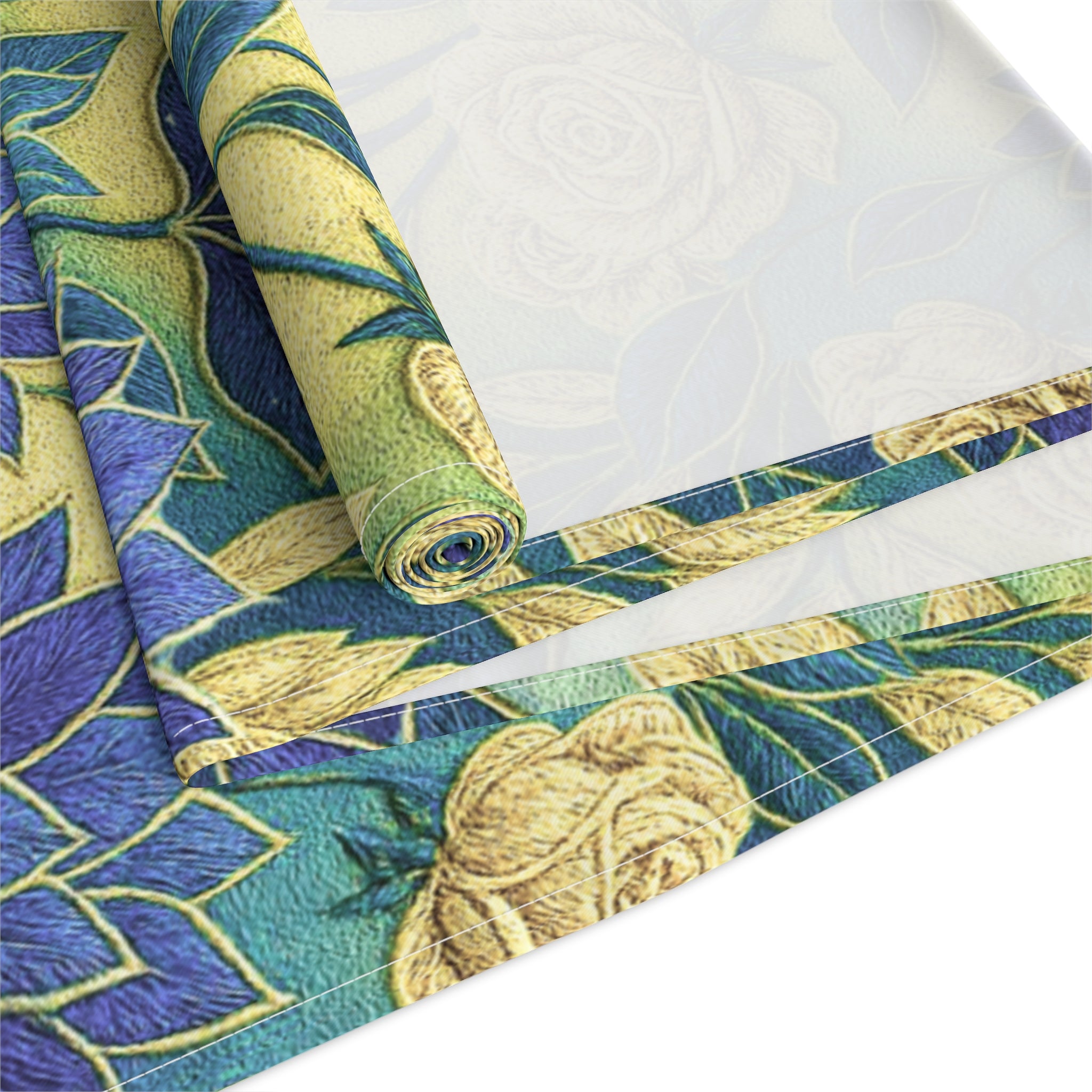 Blue Lotus Table Runner, Yellow Floral Dining Decor, Cotton Poly Tablecloth, Ukrainian Bloom Table Topper, Botanical Kitchen Runner