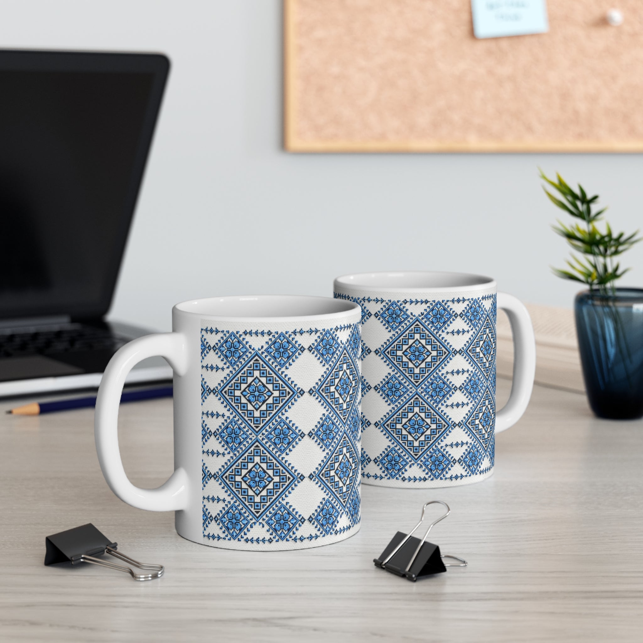 Blue Sky Folk Art Ceramic Mug | Ukrainian Heritage Geometric 11oz