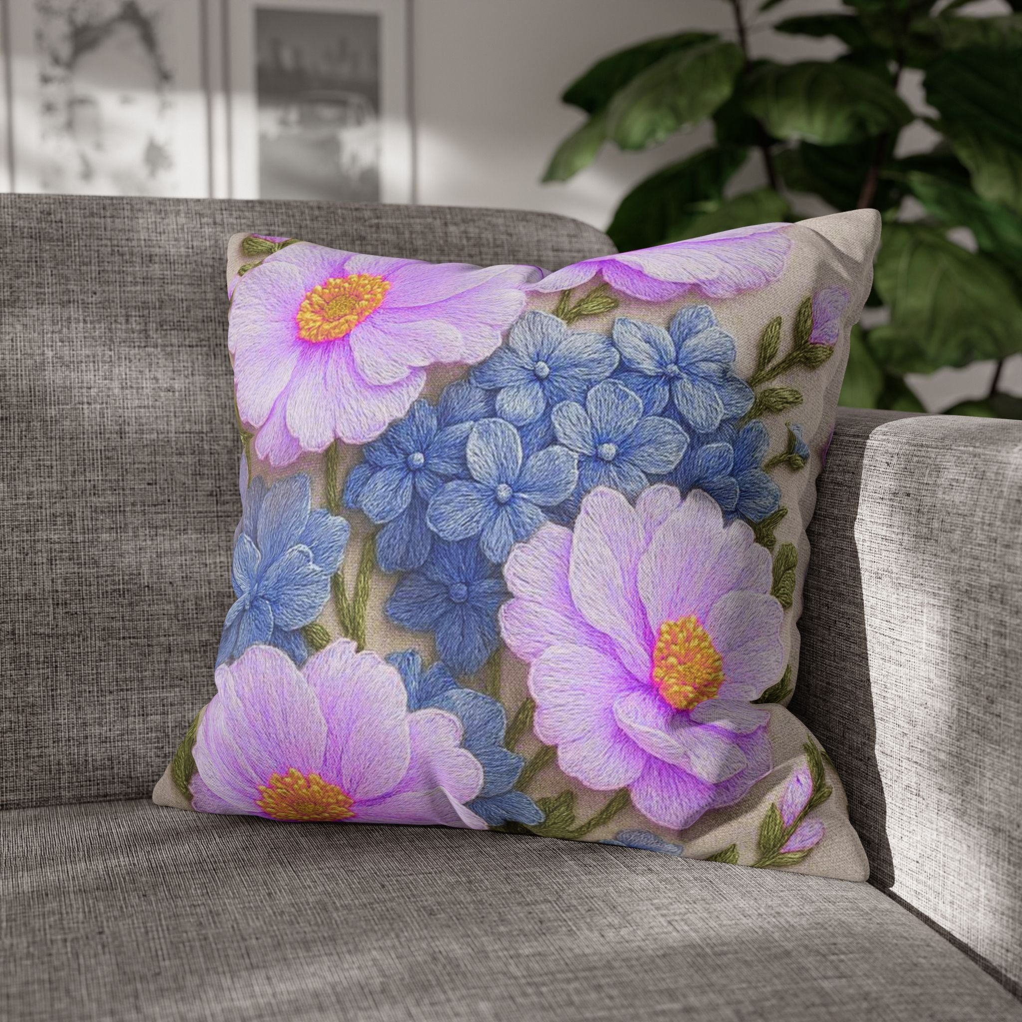 Pink Daisy and Blue Hydrangea Throw Pillow Cover, Floral Square Pillowcase, Alexandra Bloom Collection, Cottagecore Decorative Cushion
