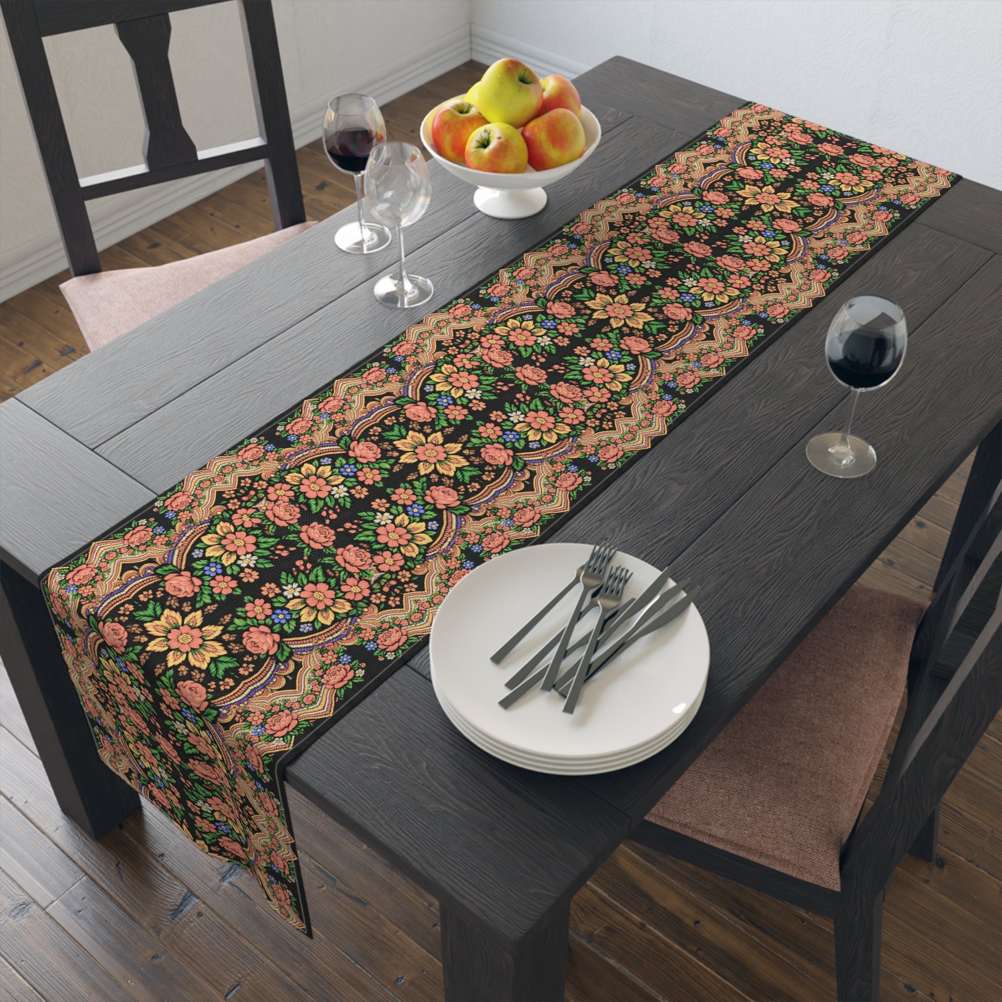 Mother's Bloom Floral Table Runner | Ukrainian Heritage Style Folk Art Decor | Vintage Slavic Flower Table Topper | Boho Farmhouse Kitchen Gift