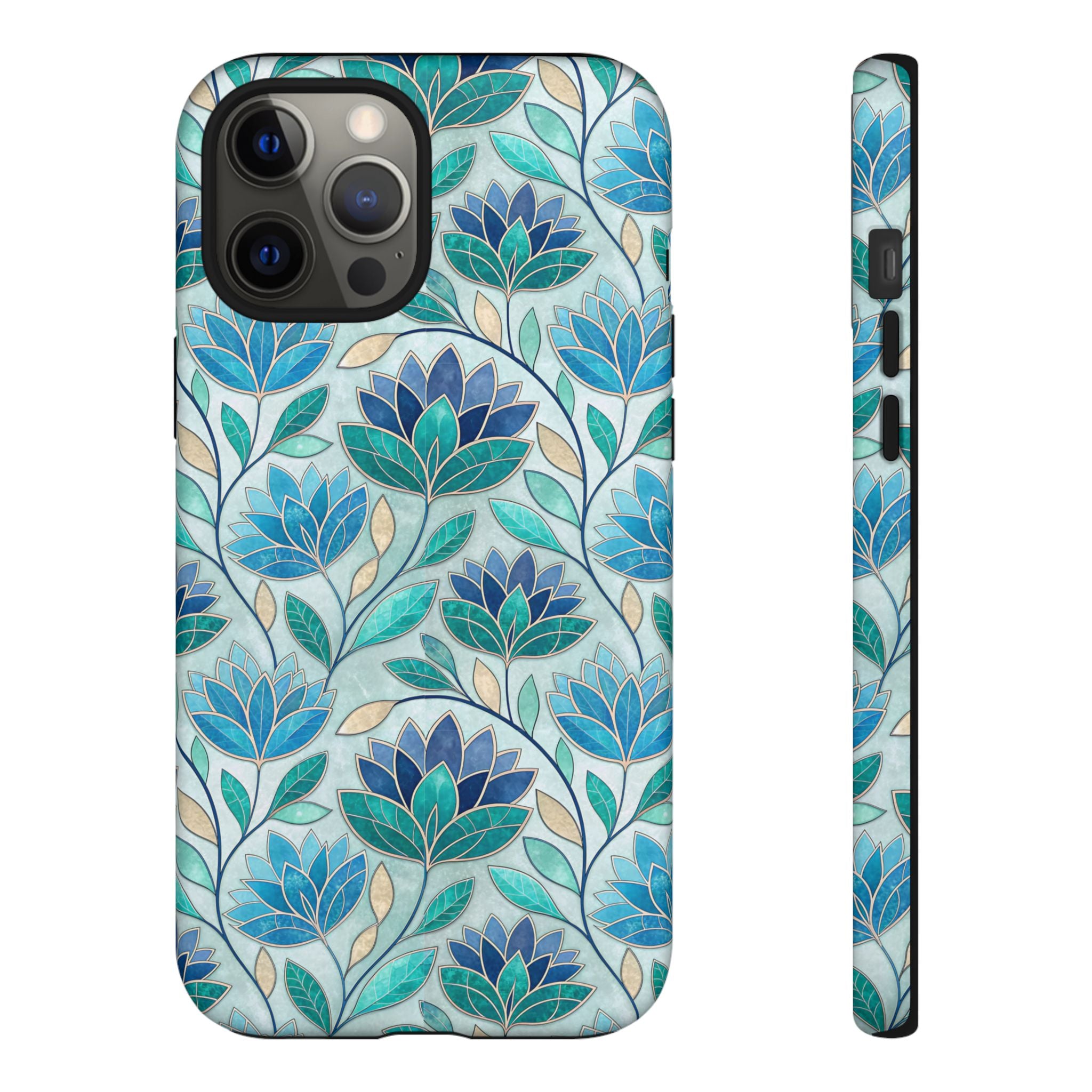 Mosaic iPhone Case, Stained Glass Floral Phone Cover, Teal Blue Protective Case, Matte Glossy Options, Artistic Mosaic Pattern