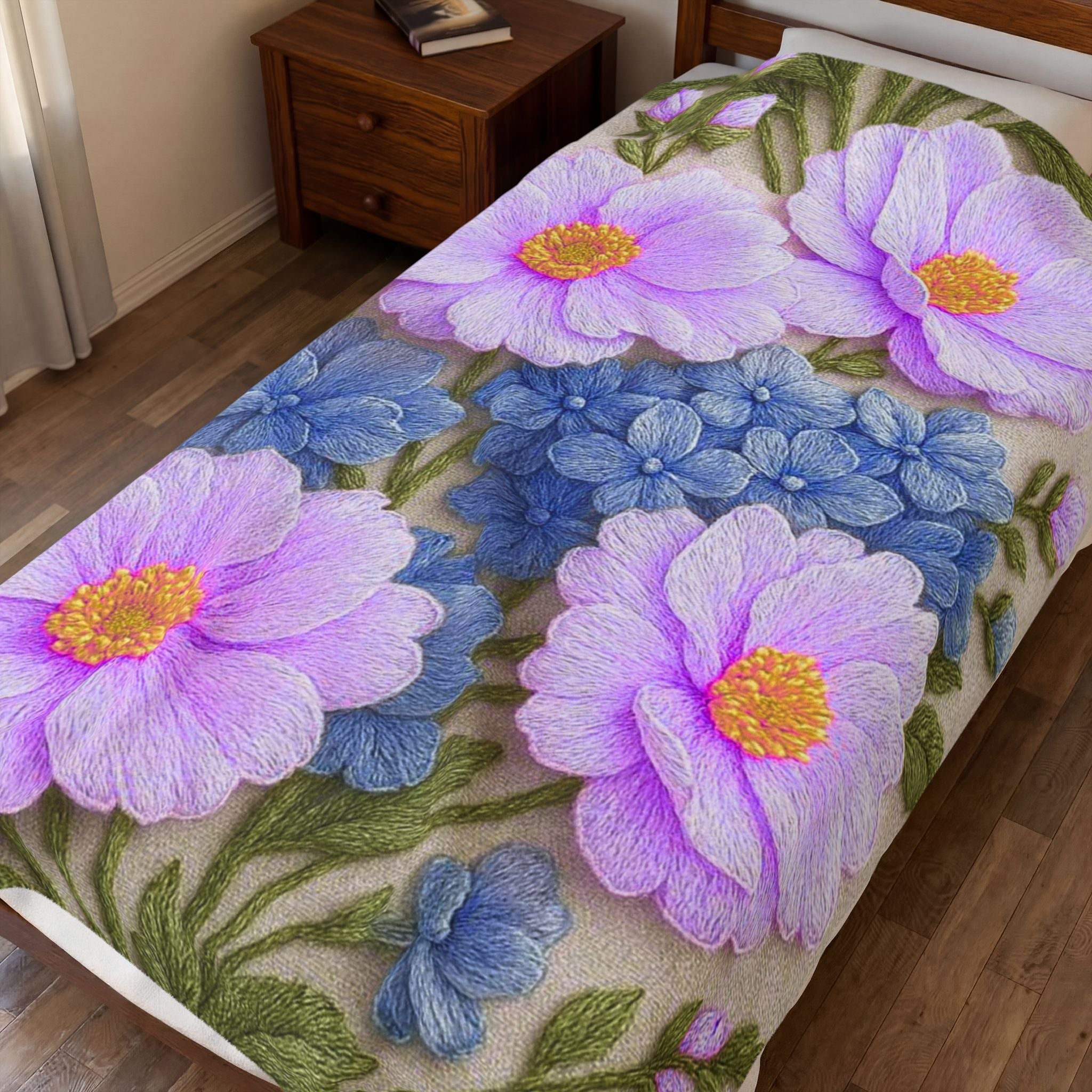Lavender Cosmos and Blue Hydrangea Velveteen Blanket, Alexandra Bloom Collection, Cozy Floral Throw Blanket, Soft Garden Bedding Gift