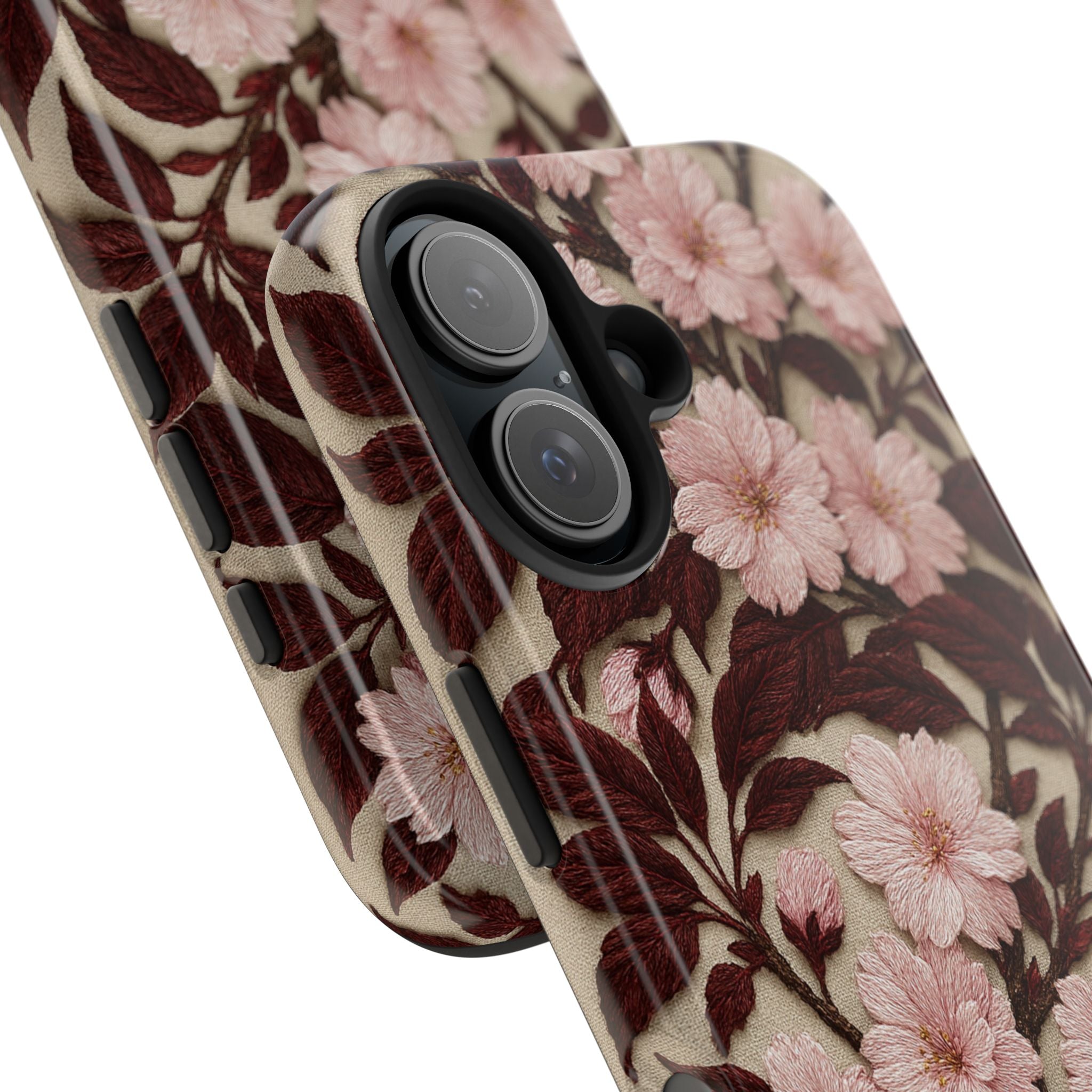 Sakura Noir tough phone case with vintage blush pink cherry blossom print on moody dark chocolate background — dual-layer shockproof floral iPhone cover, glossy and matte finish

