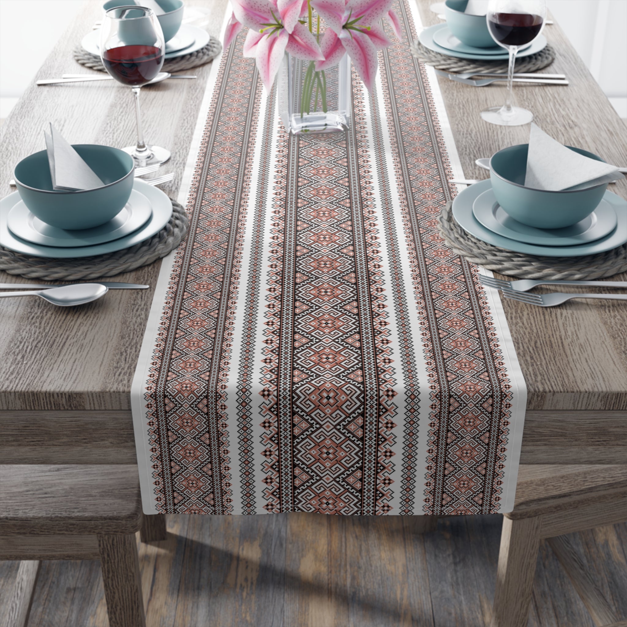 Stasia Red Folk Art Table Runner | Ukrainian Heritage Red & Black Geometric Linen
