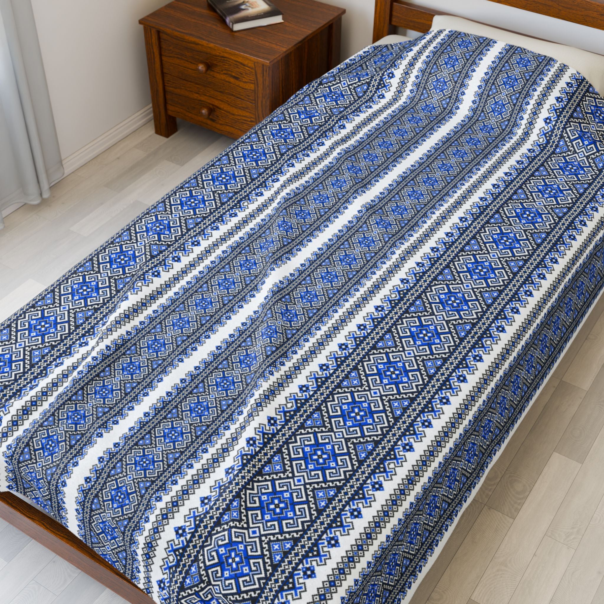 Velvet Plush Blanket with Blue Black Ukrainian Geometric Pattern,  Soft Cozy Throw in 3 Sizes, Traditional Ethnic Design Home Decor