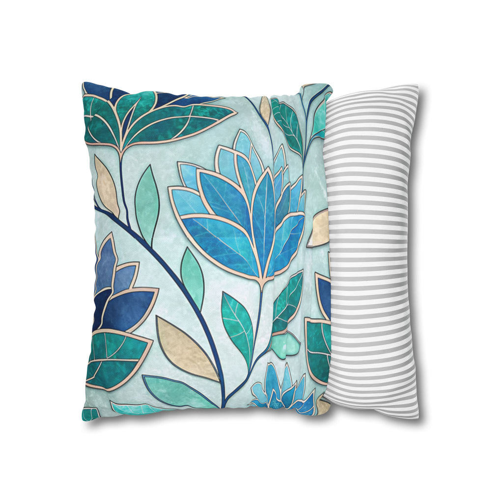 Mosaic Pillowcase 1piece, Stained Glass Style Floral Cushion Covers, Teal Blue Decorative Polyester Throw Pillowcases