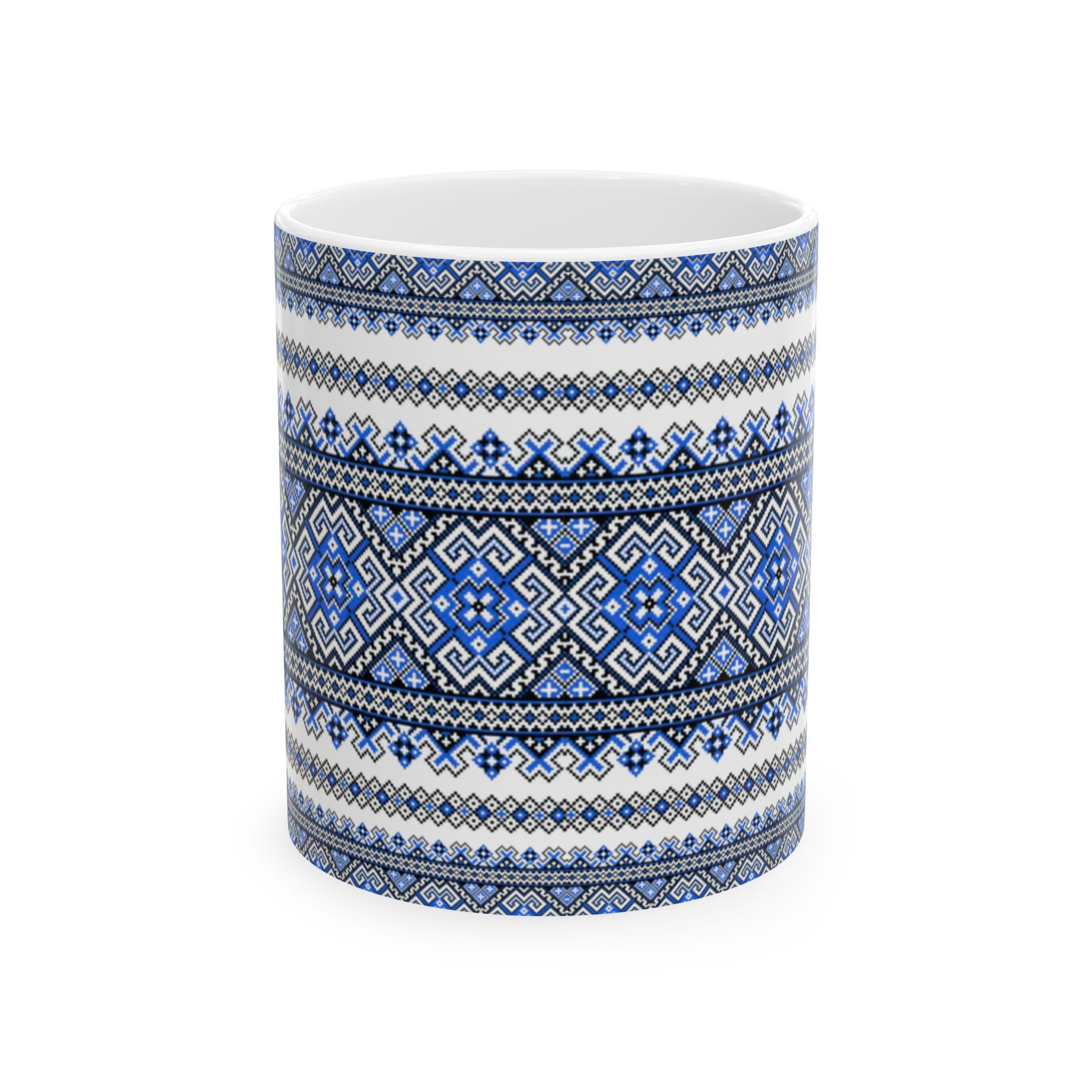 Ukrainian Embroidery Mug, Blue Black Folk Pattern Cup, Traditional Slavic Ceramic Coffee Tea Mug 11 oz