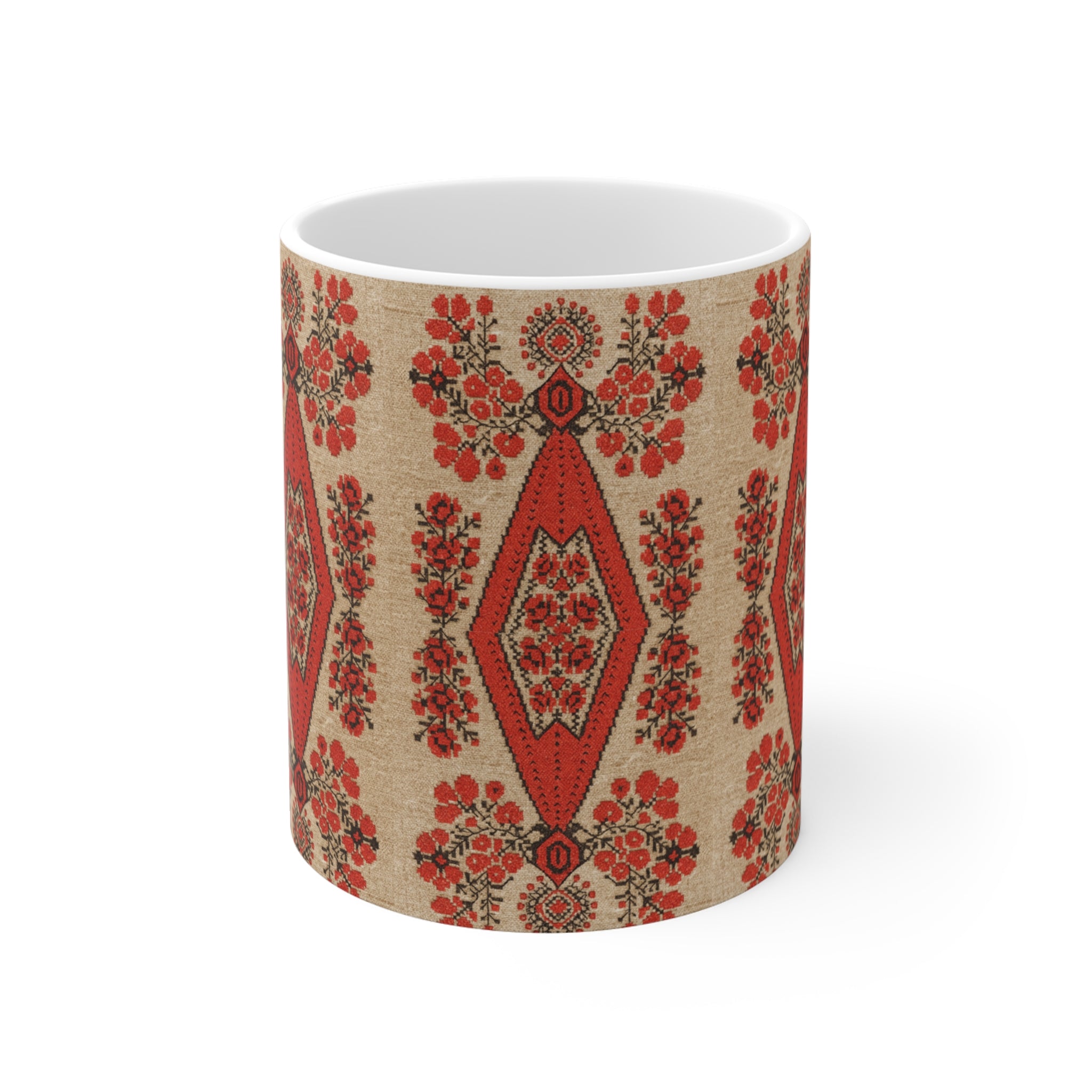 Berehynia  Mug, Ukrainian Protective Symbol, Red Black Folk Art Ceramic Cup for Meaningful Daily Use 11oz