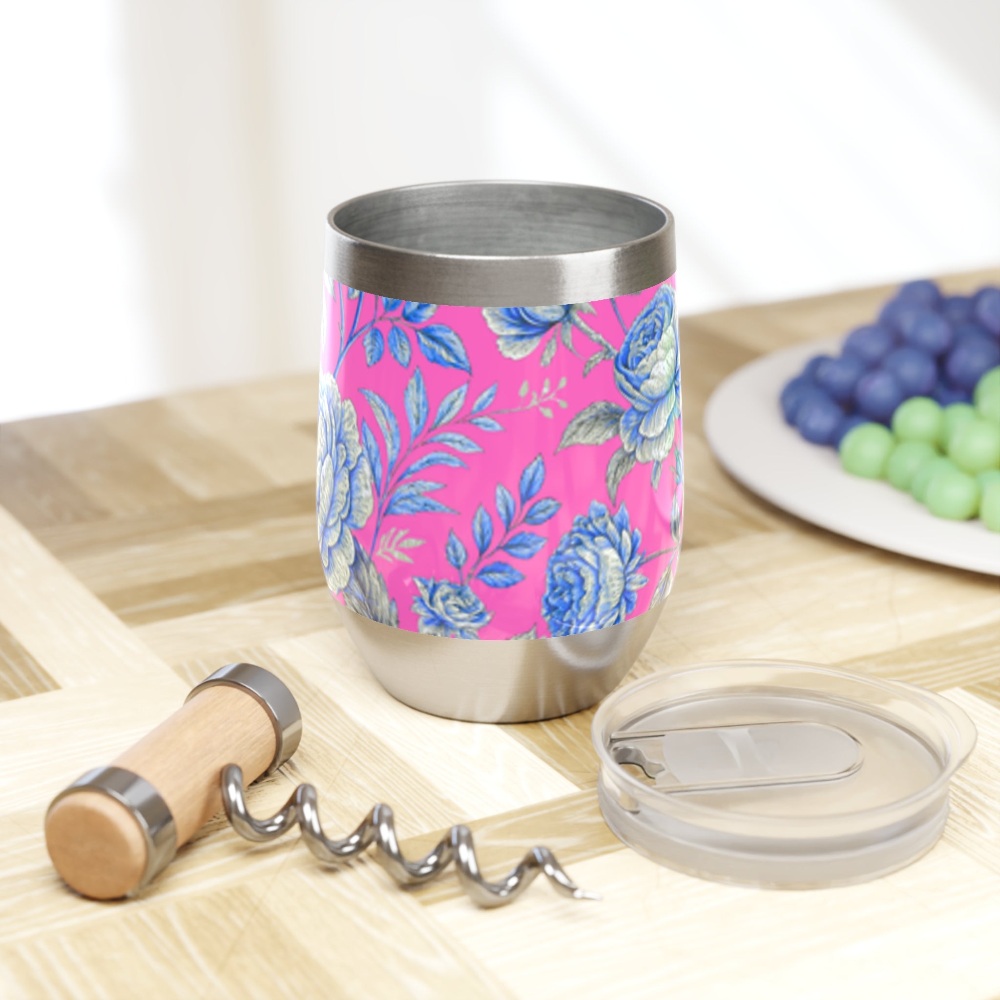 Pink & Blue Rose Floral Wine Tumbler | 12oz Insulated Stainless Steel