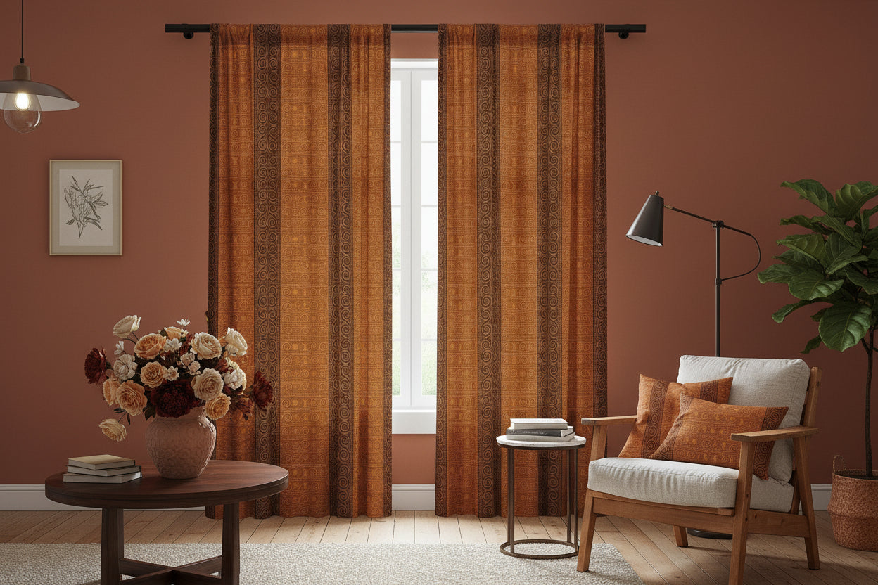 Trypillian Code Sheer Curtain Panel | Ancient Symbol Terracotta Heritage Light Filter