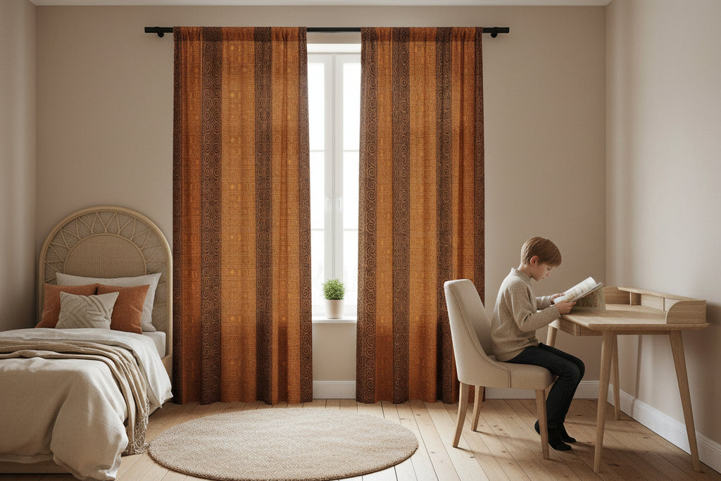 Trypillian Code Sheer Curtain Panel | Ancient Symbol Terracotta Heritage Light Filter