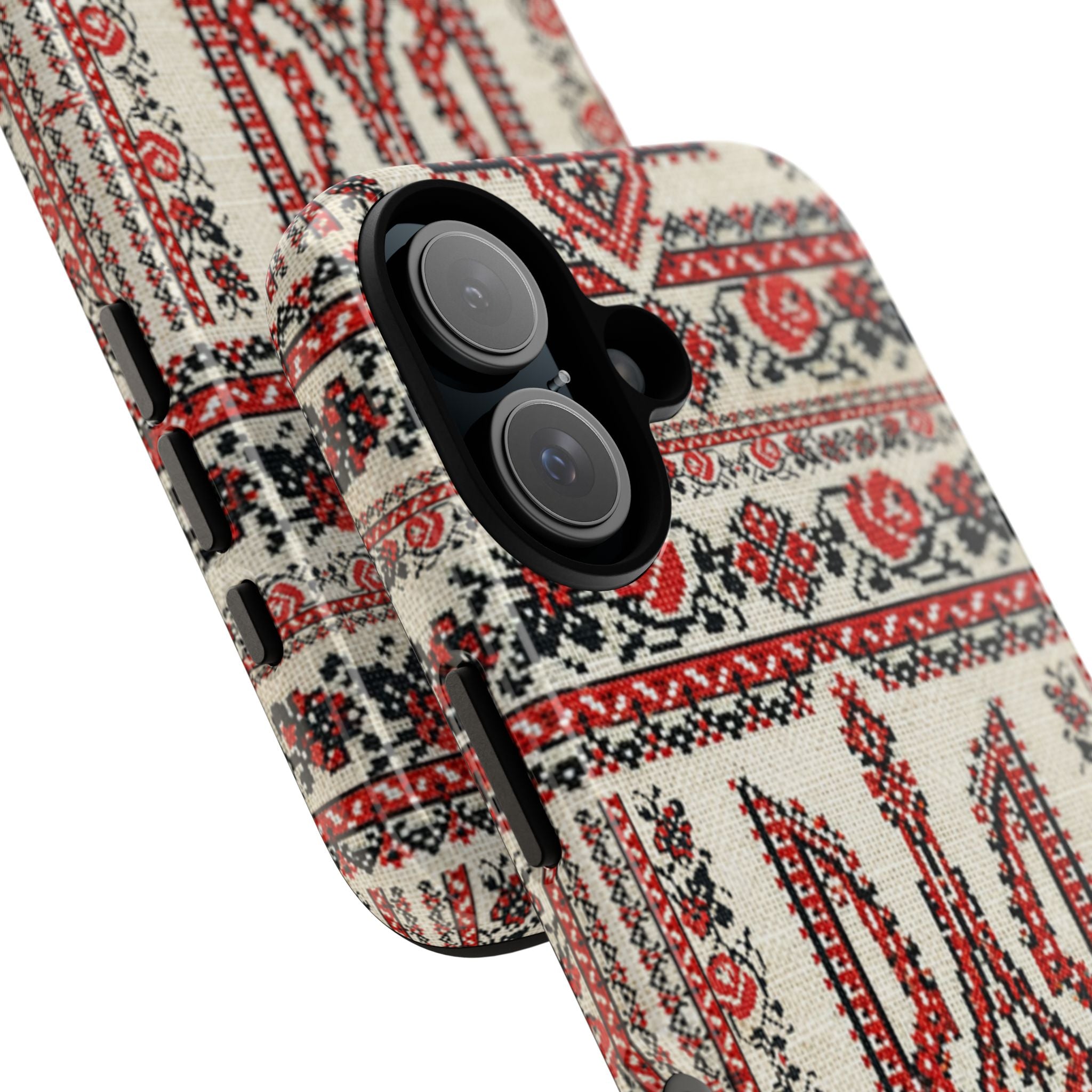 Ukrainian Tryzub phone case with red black embroidered folk pattern
