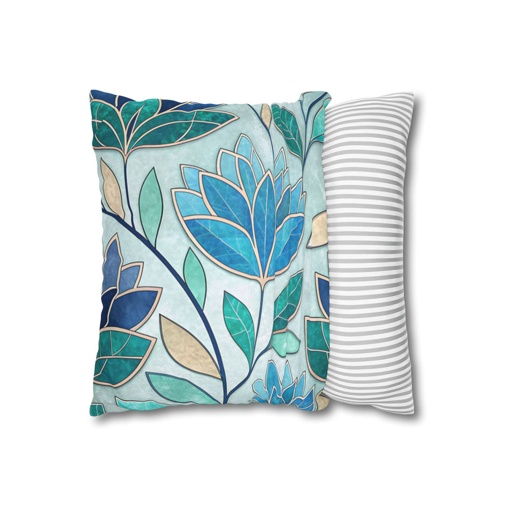 Mosaic Pillowcase 1piece, Stained Glass Style Floral Cushion Covers, Teal Blue Decorative Polyester Throw Pillowcases