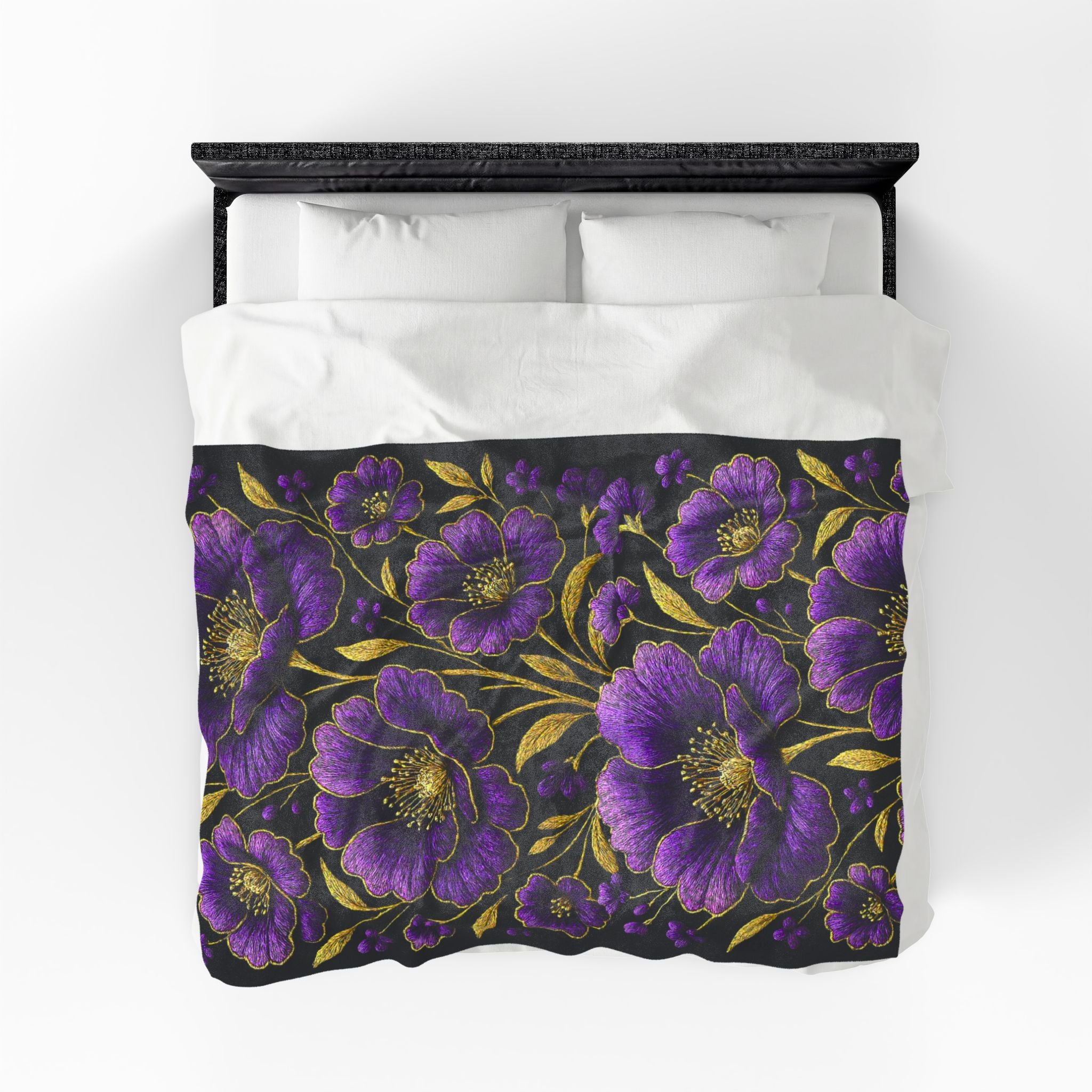 Petrykivka Bloom Blanket | Purple Poppy Floral Plush Throw | Moody Gold Embroidered Look Velveteen Cozy Blanket