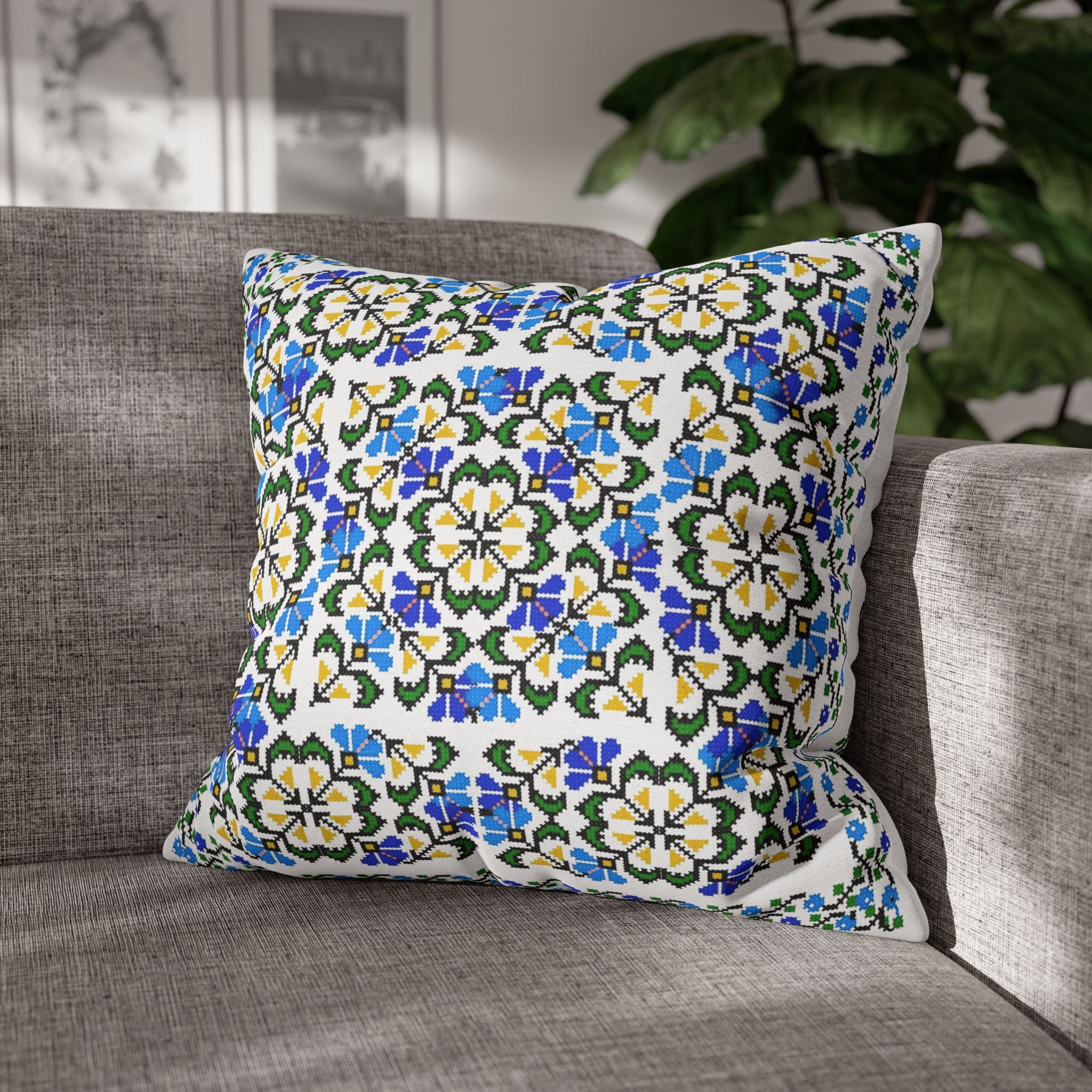 Ukrainian Blue Floral Pillowcase - Folk Tile Pattern, Slavic Heritage Home Decor, Cottagecore Accent Pillow Cover, Family Collection Gift