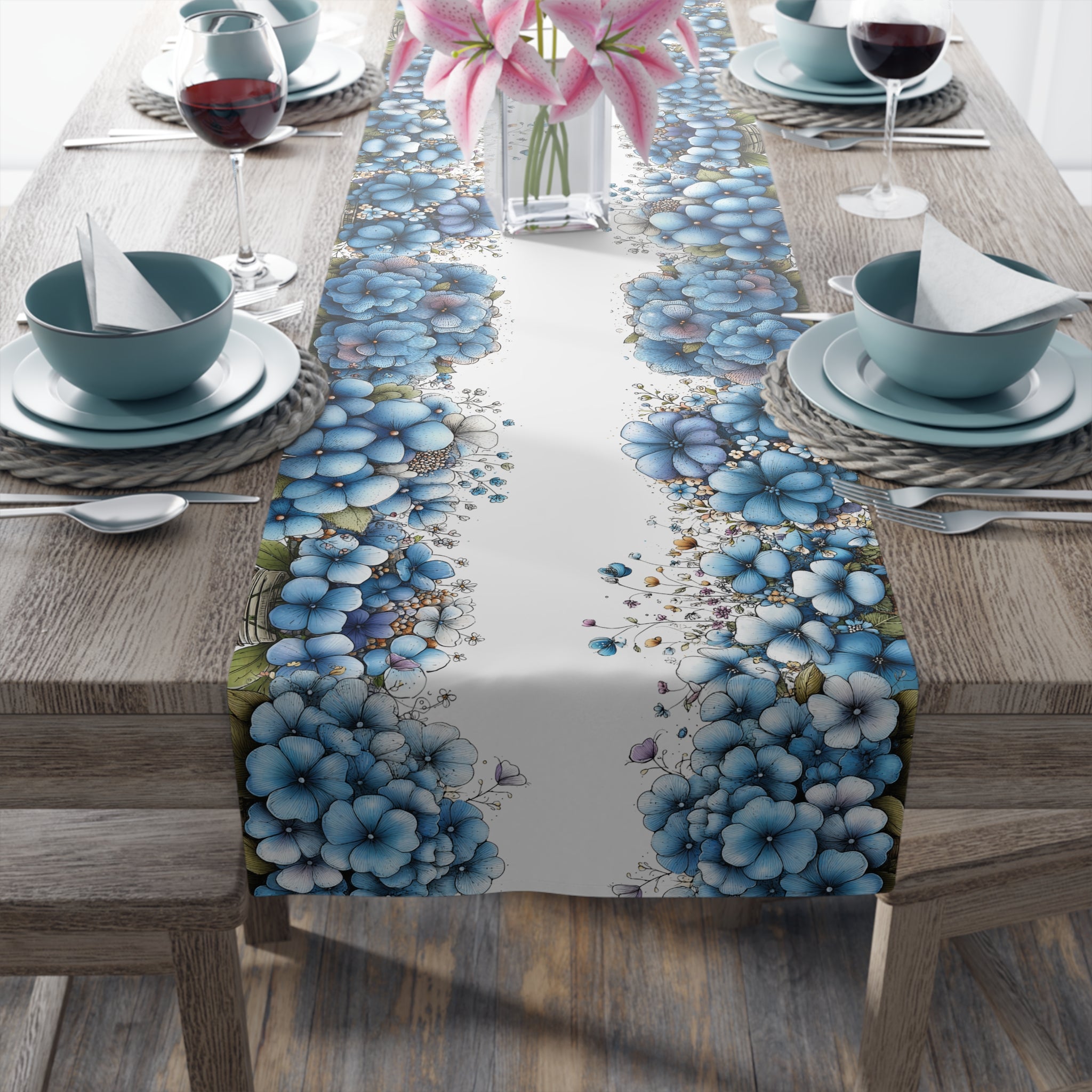 Blue Floral Table Runner, Cotton & Polyester, Spring Dining Table Decor, Elegant Blue and White Flower Runner, 2 Sizes