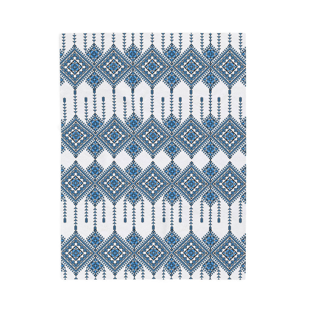 Velvet Plush Blanket with Traditional Ukrainian Pattern, Soft Cozy Throw in 3 Sizes, Blue Black Ethnic Design Home Decor