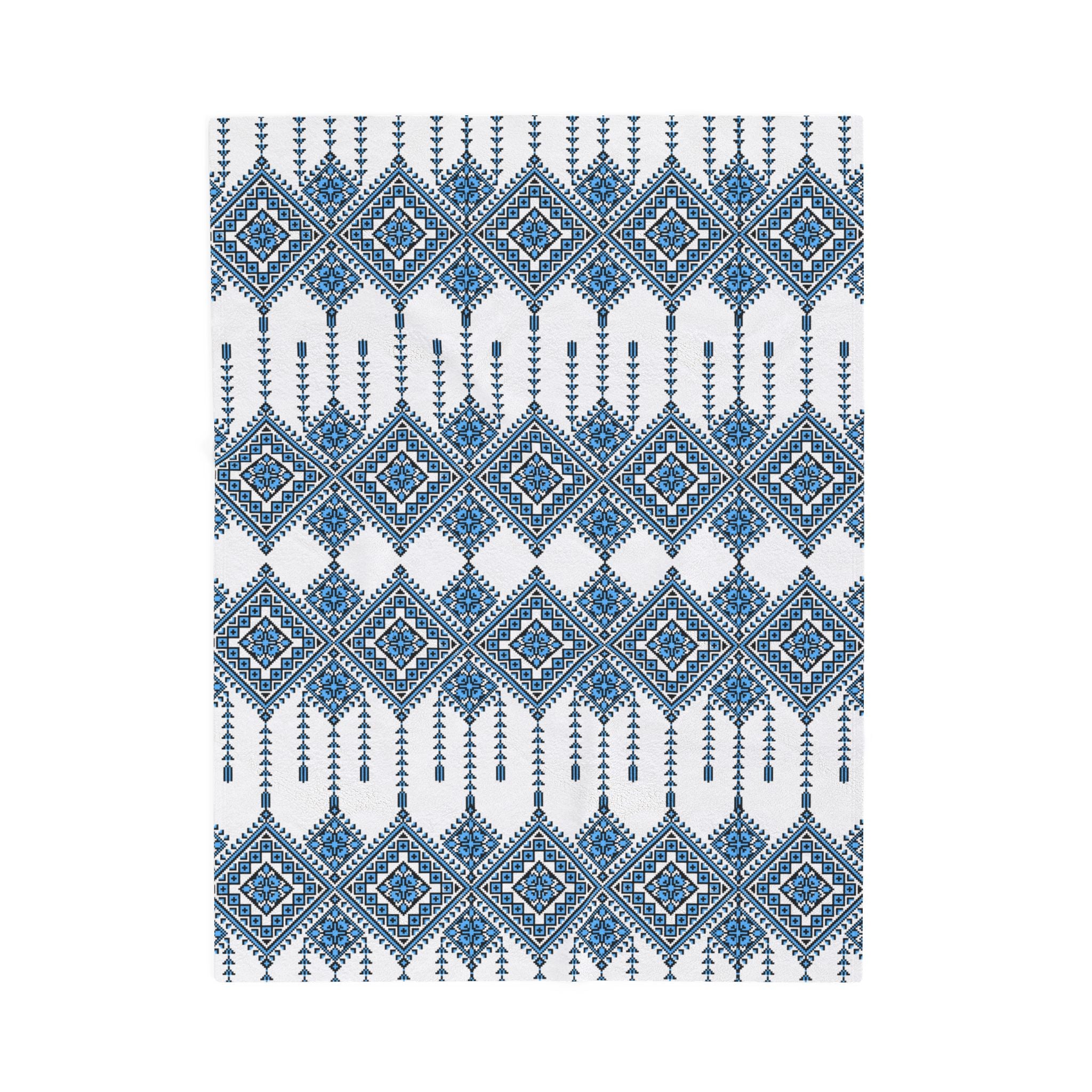Velvet Plush Blanket with Traditional Ukrainian Pattern, Soft Cozy Throw in 3 Sizes, Blue Black Ethnic Design Home Decor
