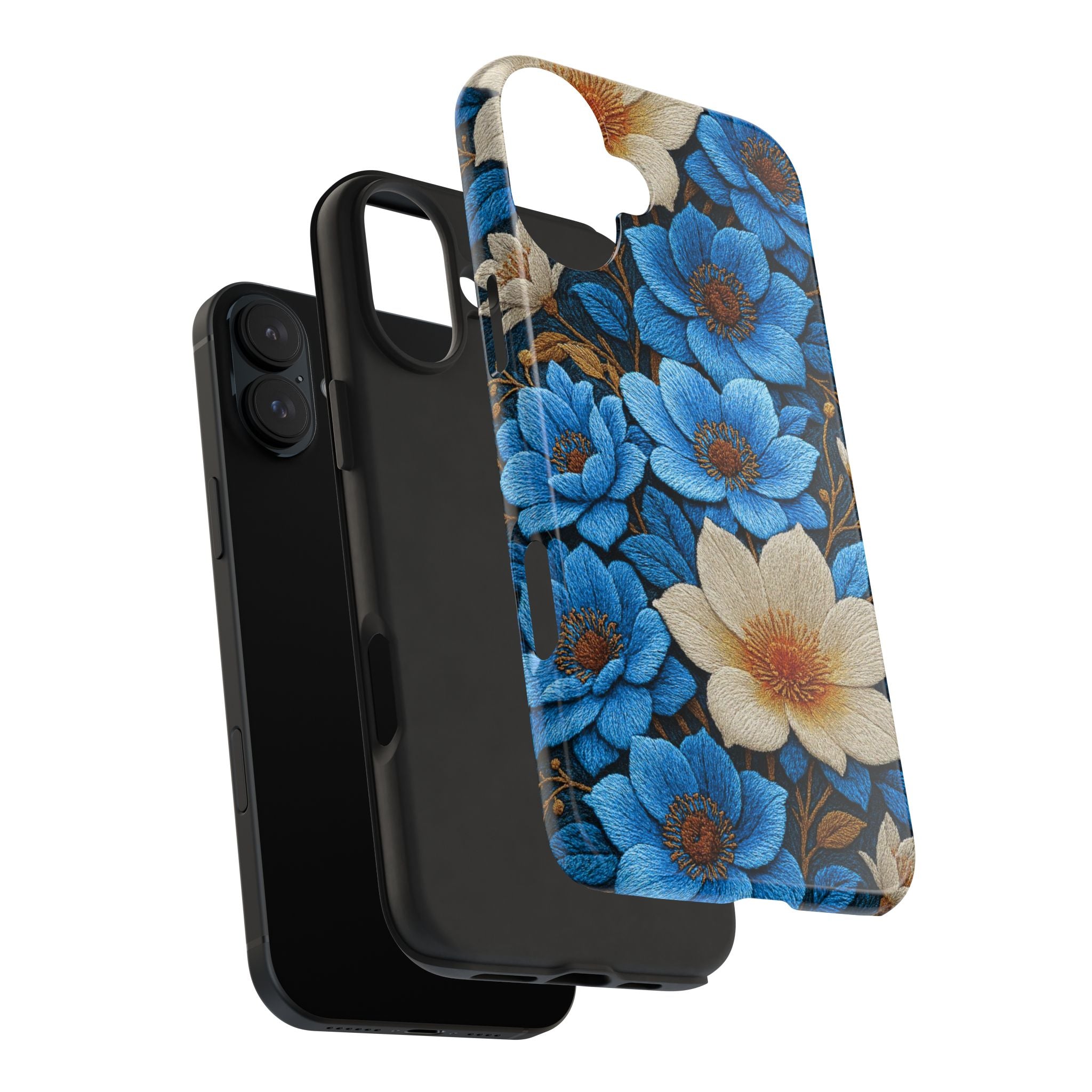 BLUESKYDEZIGN | Midnight Symphony Phone Case | Navy Blue Cream Botanical Floral iPhone Cover | Elegant Gift for Her