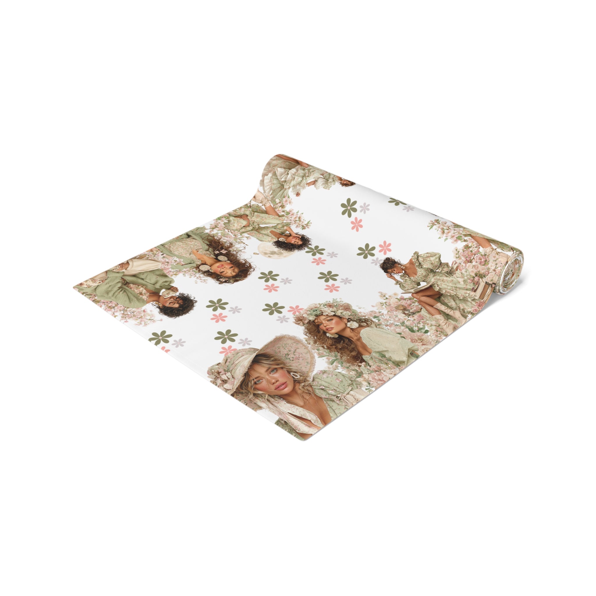 Vintage Floral Women Table Runner, Cotton  Polyester, Artistic Spring Table Decor, Pink  Green Flower Pattern, 16×72, 16×90