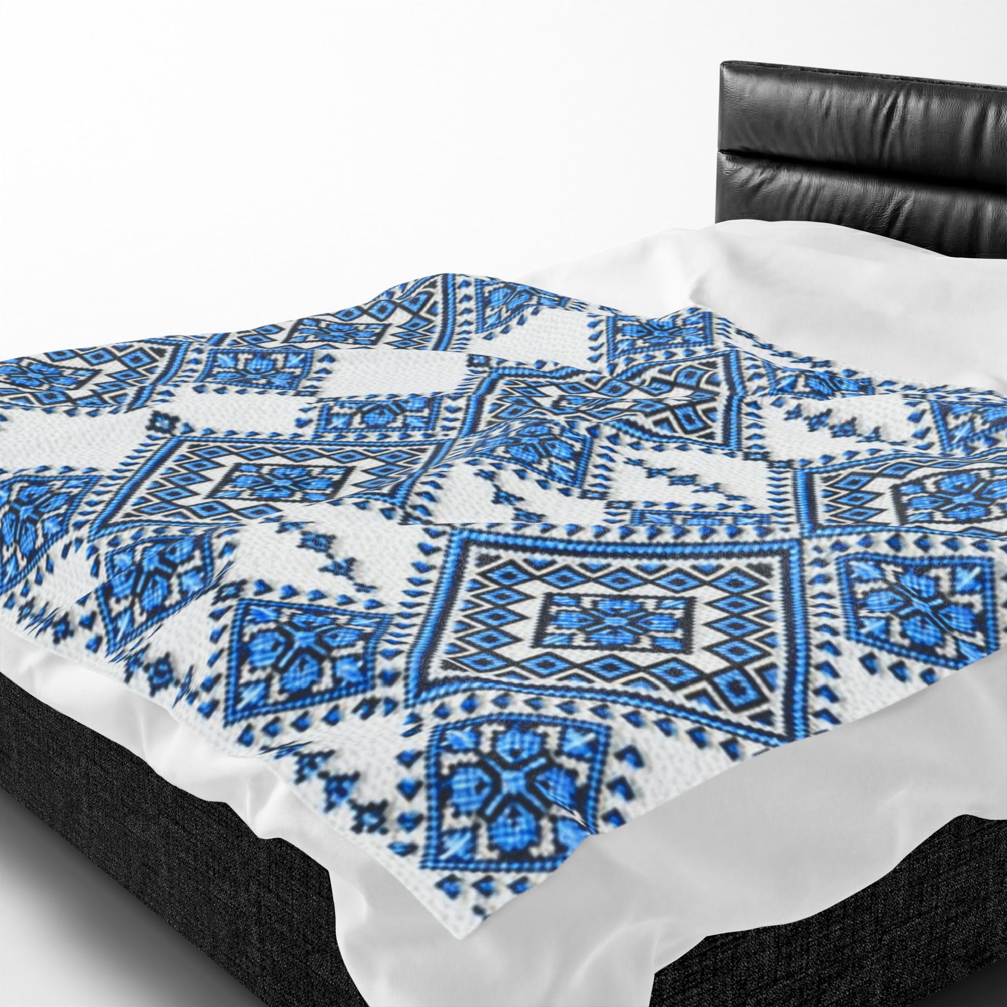 Blue Sky Folk Art Velveteen Plush Blanket | Ukrainian Heritage Geometric Throw