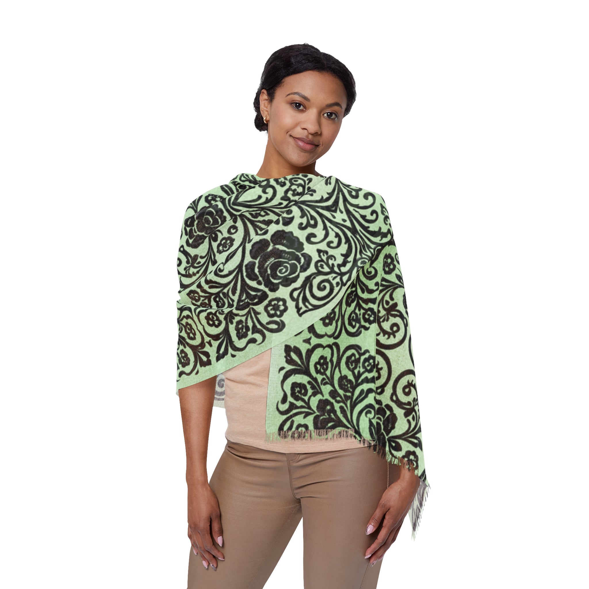 Green Damask Scarf – Lightweight Vintage Wrap for Women | BLUESKYDEZIGN