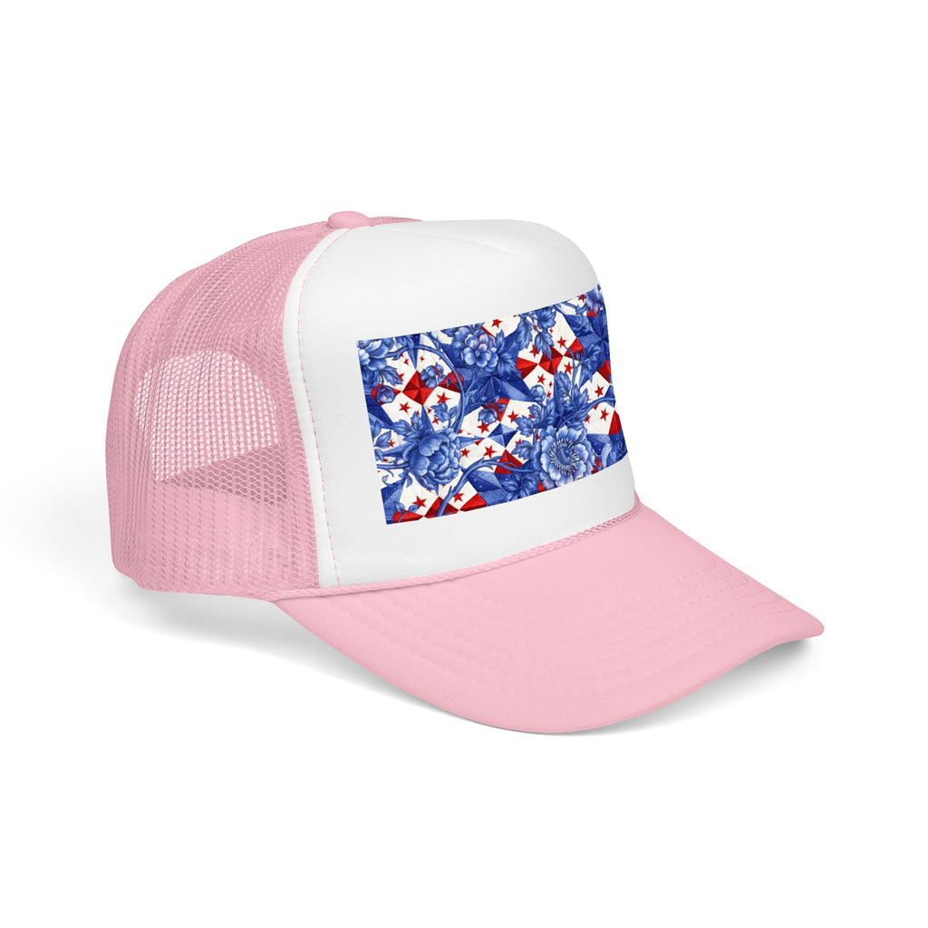 America 250th Anniversary Trucker Hat | Patriotic Toile Floral & Stars | BLUESKYDEZIGN