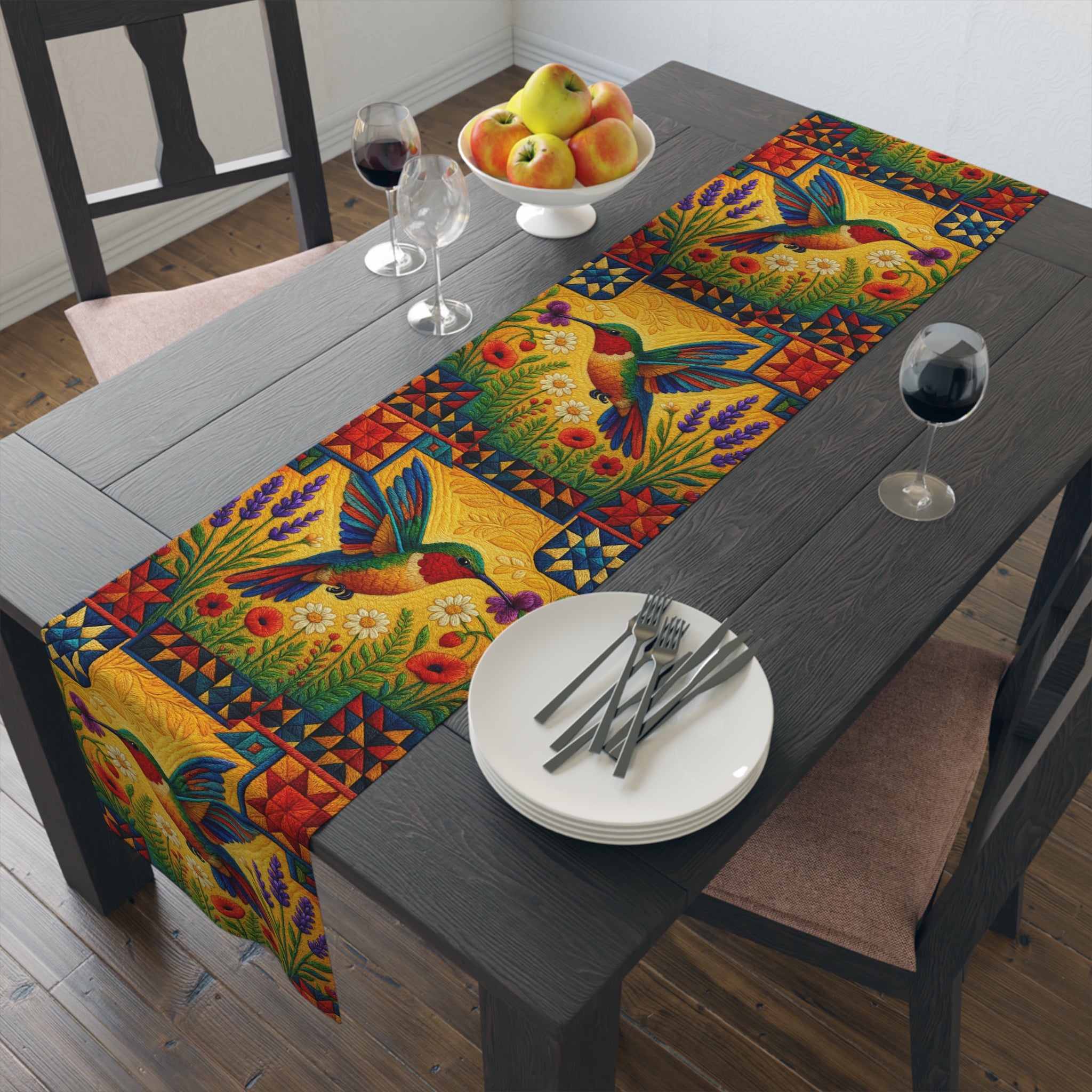 BLUESKYDEZIGN | Hummingbird Table Runner | Folk Art Floral Dining Decor | Cotton or Polyester | Farmhouse Kitchen Gift