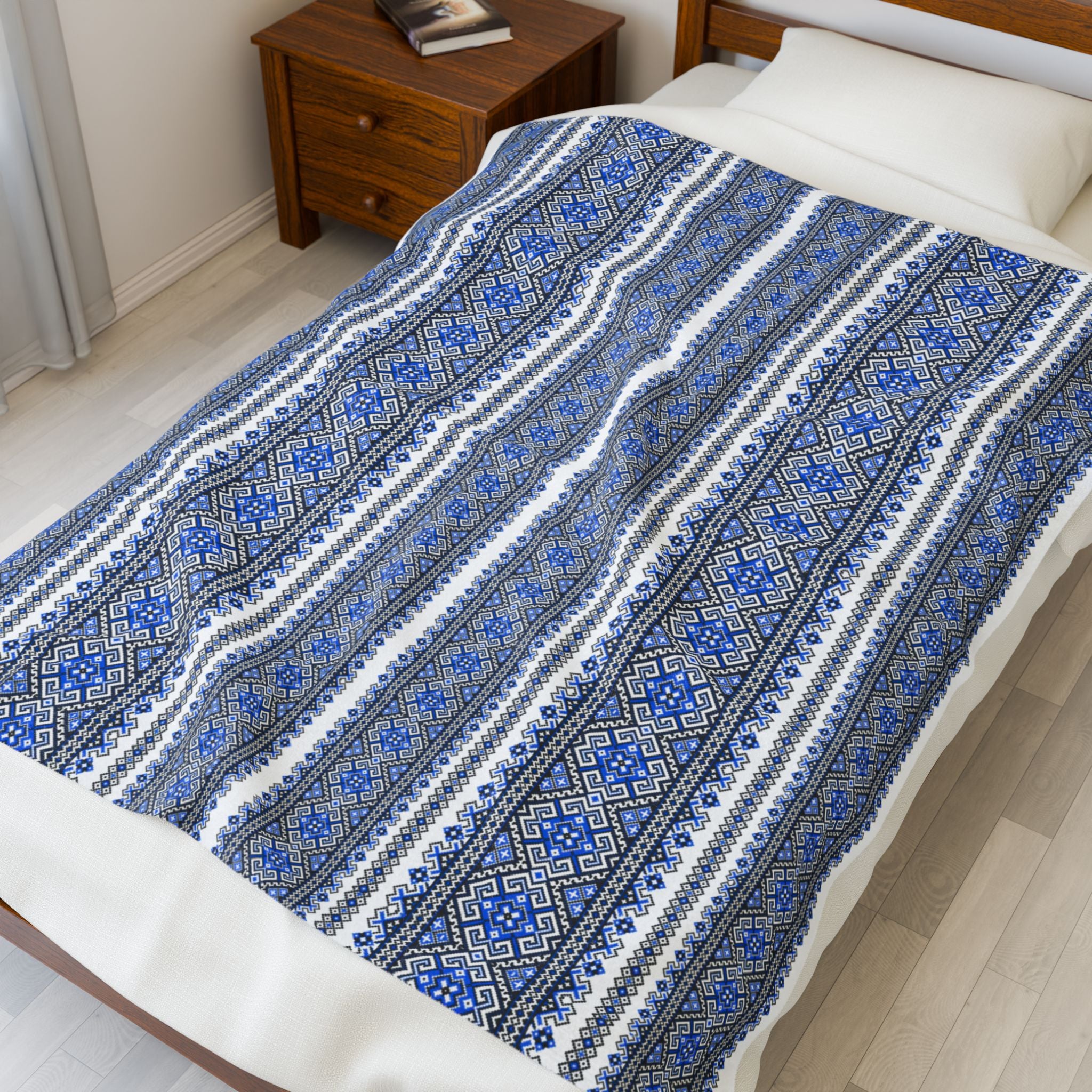 Velvet Plush Blanket with Blue Black Ukrainian Geometric Pattern,  Soft Cozy Throw in 3 Sizes, Traditional Ethnic Design Home Decor