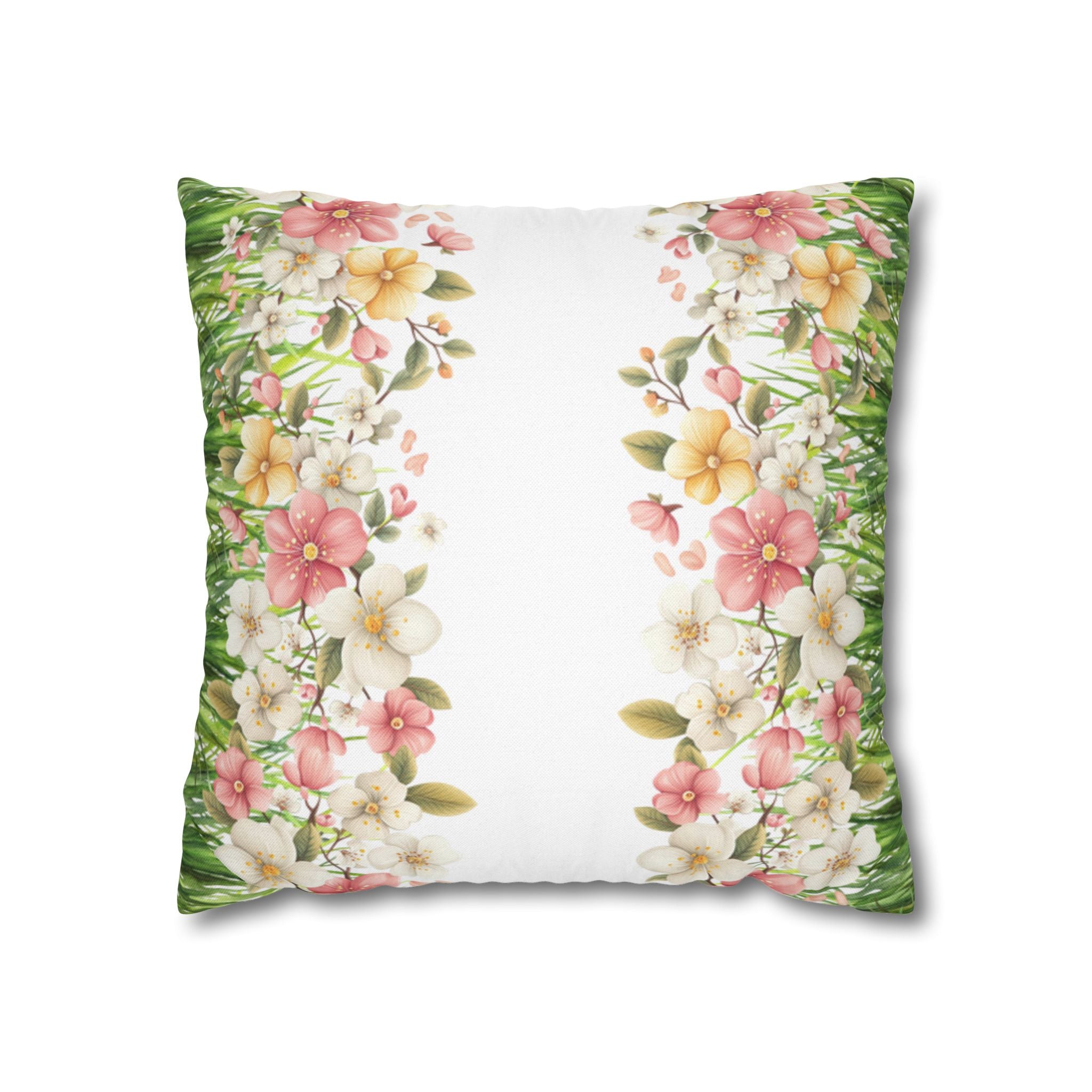 Spring Floral Pillowcase 1piece, Polyester Cushion Cover, Green Grass Border with Pink  White Flowers, Spring Home Decor